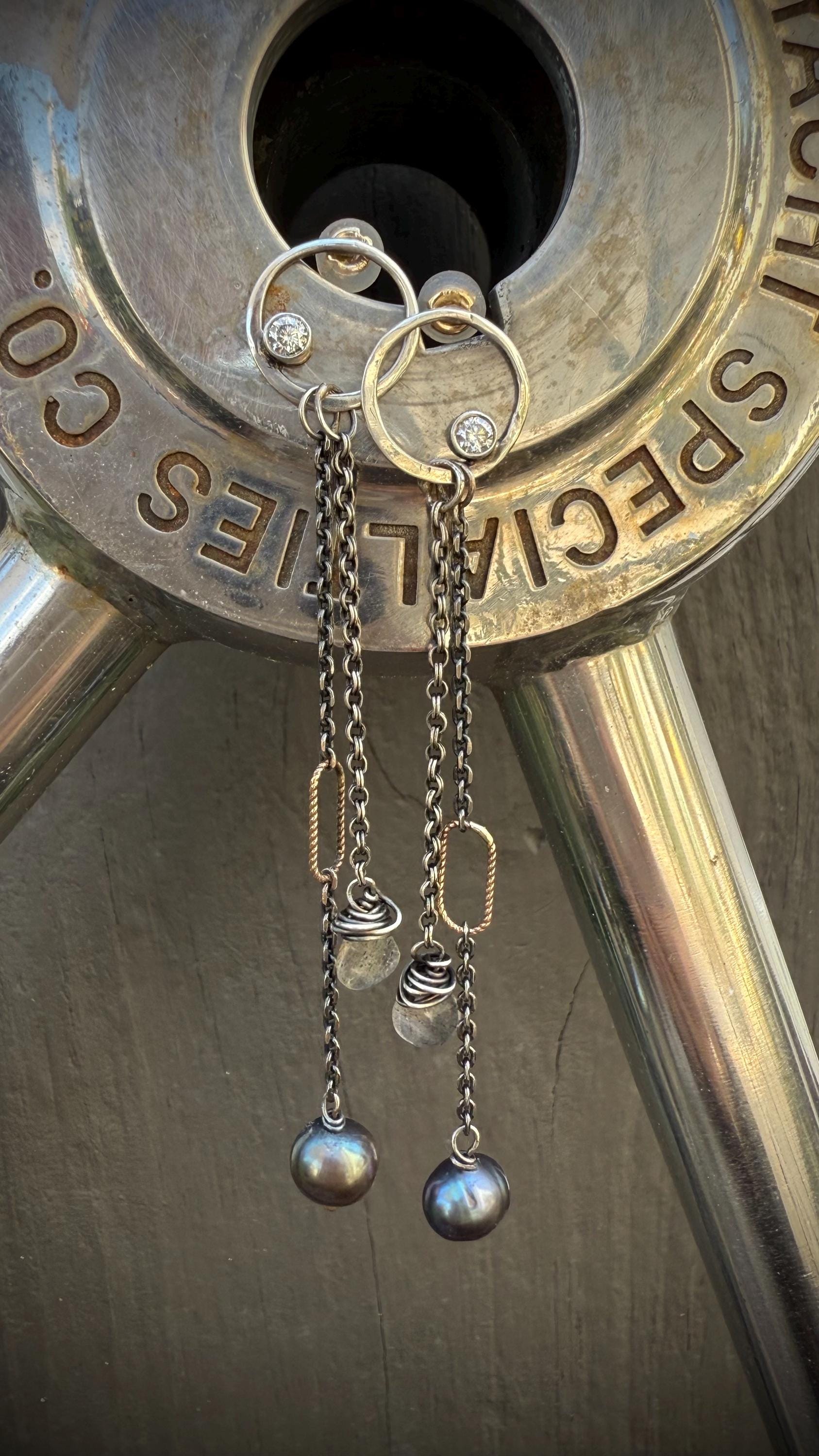 Hand-Forged Sterling Silver Earrings: Diamond, Black Pearl & Labradorite