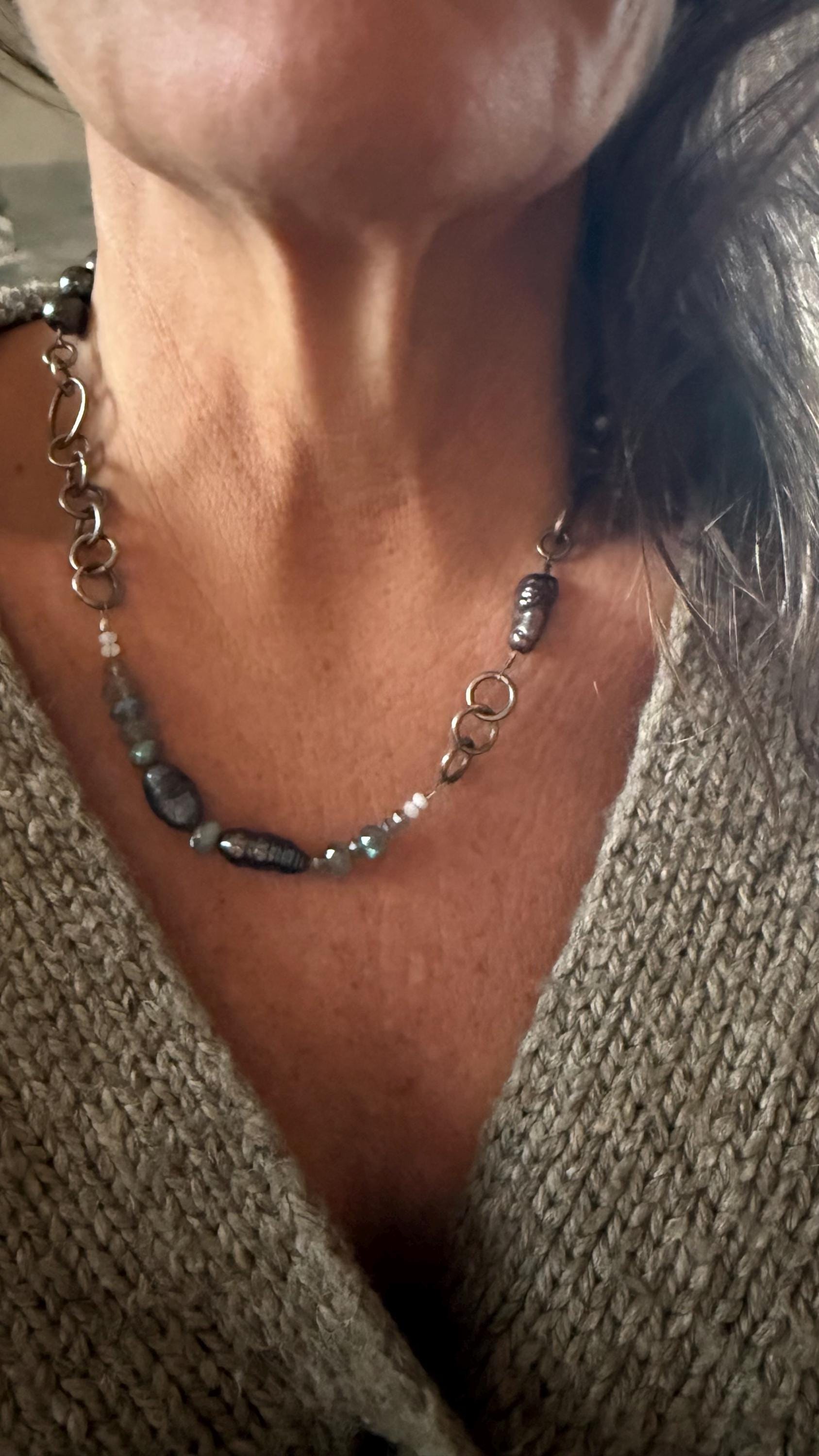 Asymmetrical Tahitian Black Pearl Necklace: Labradorite Moonstone, Hand-Forged Sterling Silver (18.5”)