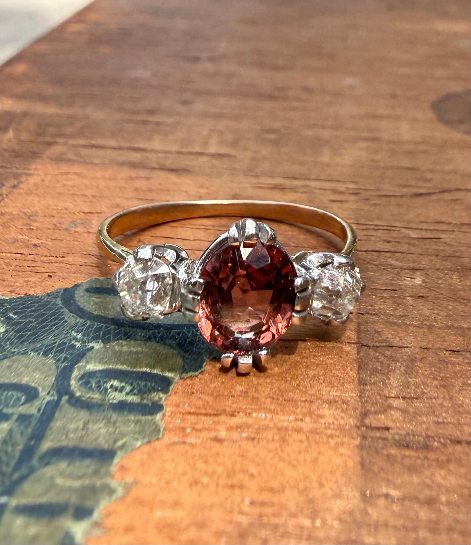 Gorgeous Victorian Trilogy Ring in 18Ct Yellow and White Gold, featuring a 1 carat Spinel, and (2) 22.5 pt Old European cut Natural Diamonds