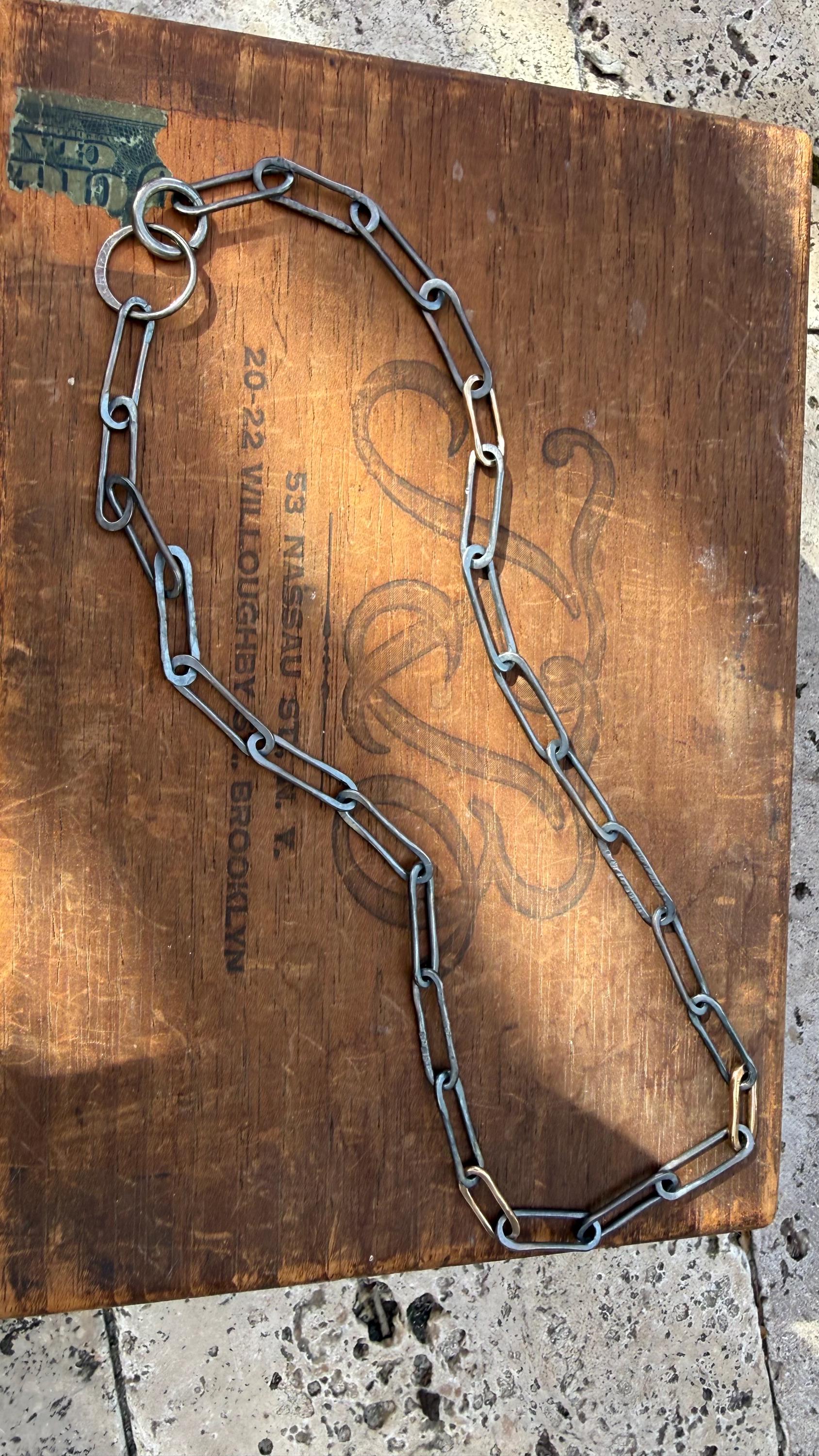 Hand-Formed Blackened Sterling Silver & 14k Gold Filled Paperclip Link Necklace, 23”