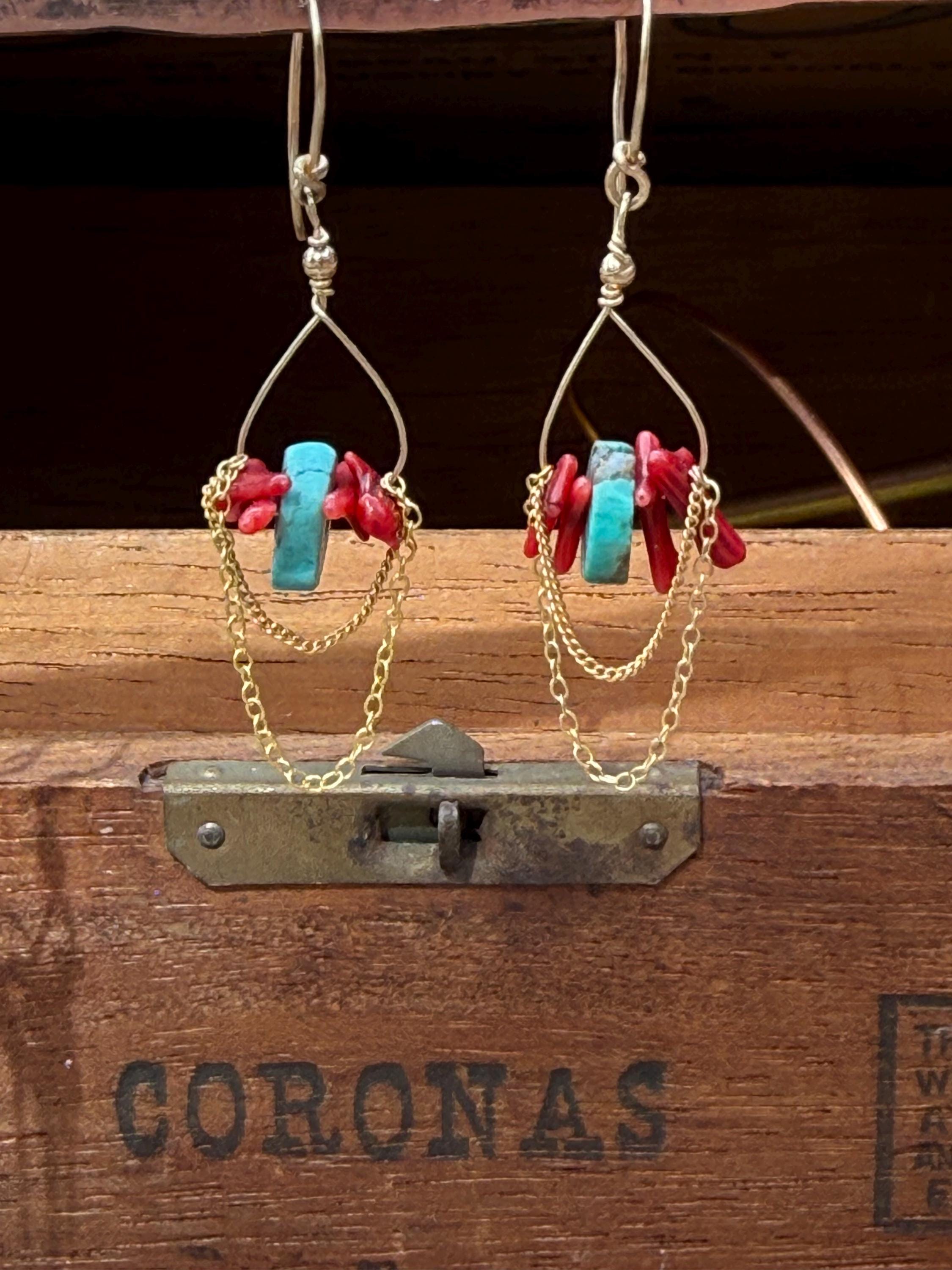 Red Coral & Turquoise Beaded Lightweight Chain Dangle Earrings in 14kgf, Handmade