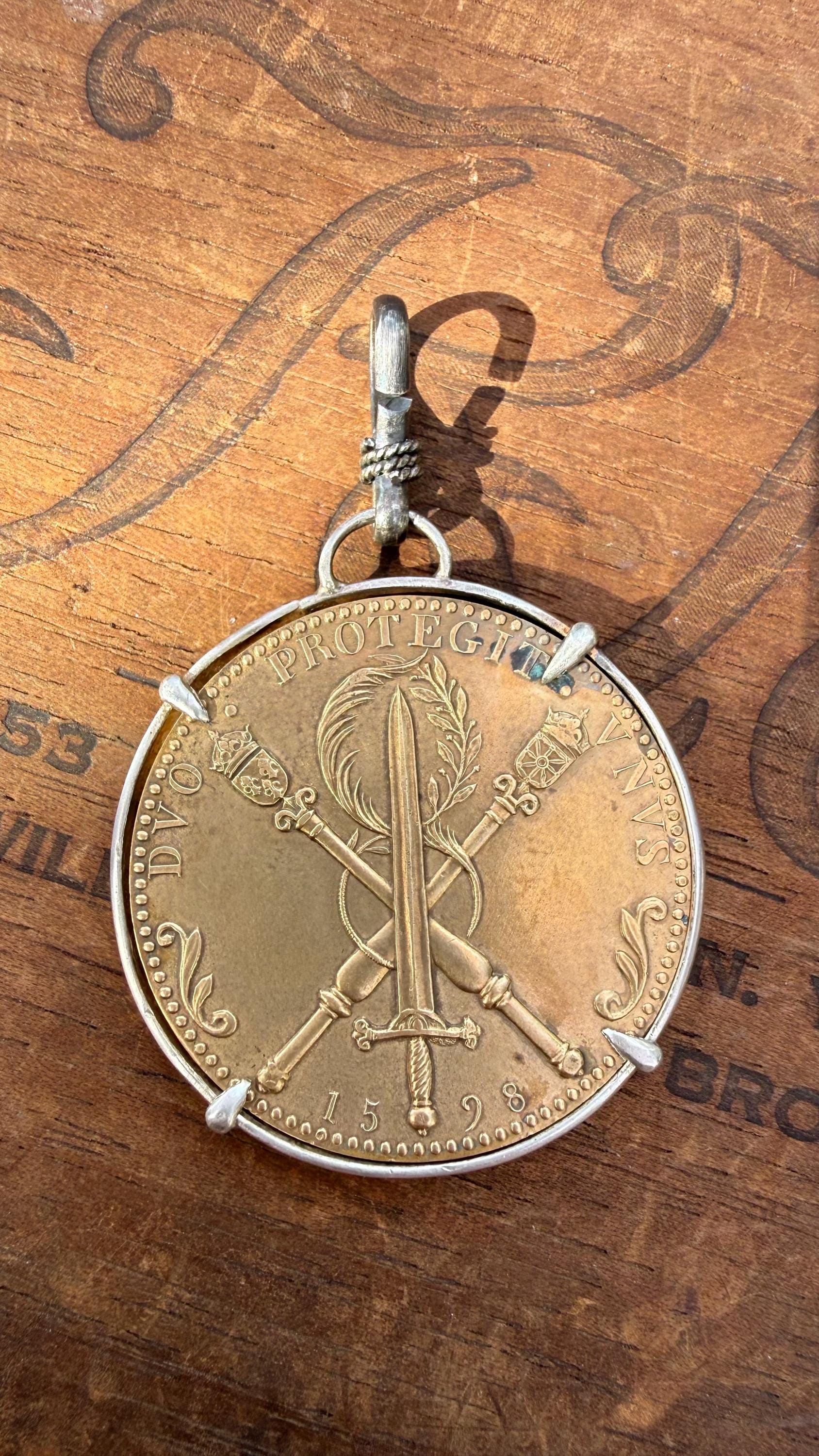 Vintage Bronze ‘1598 France The Unification of the Two Kingdoms’ Coin with Sterling Silver Claw Prongs & Silver Clip