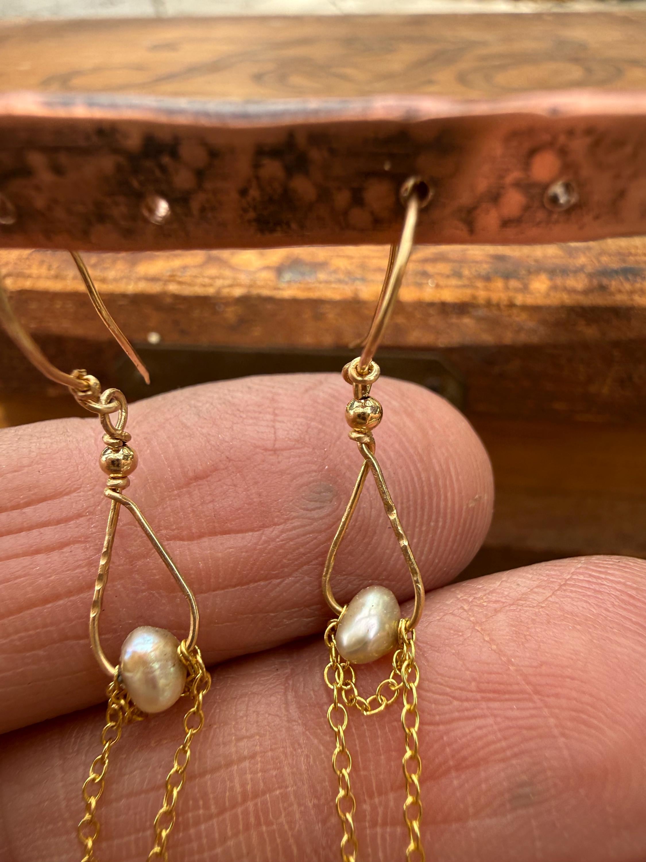Freshwater Pearl & Chain Dangle Earrings in 14kgf, Hamdmade
