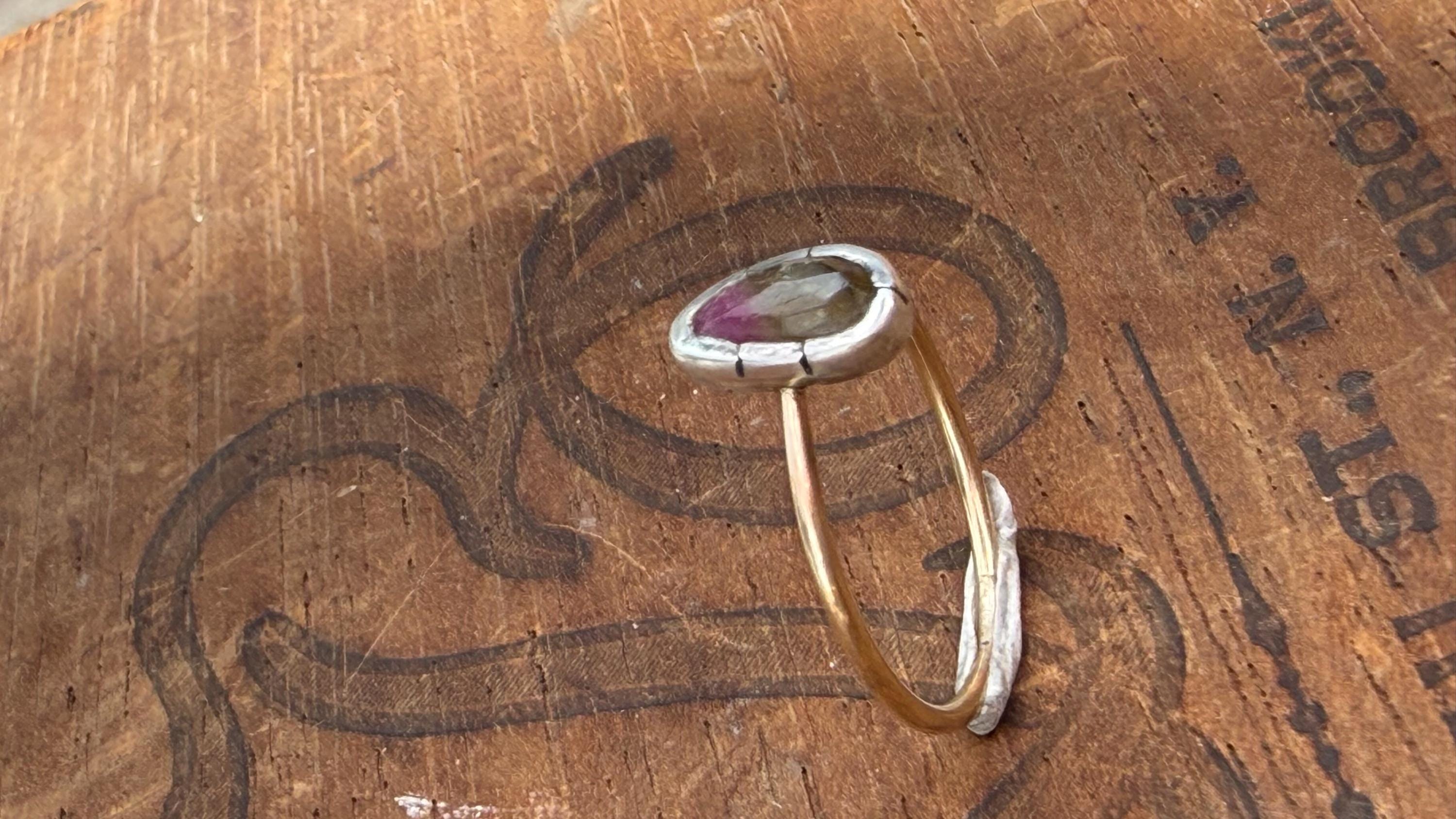Rose Cut Watermelon Tourmaline Ring: Sterling Silver & 14K Gold, Size 8.25