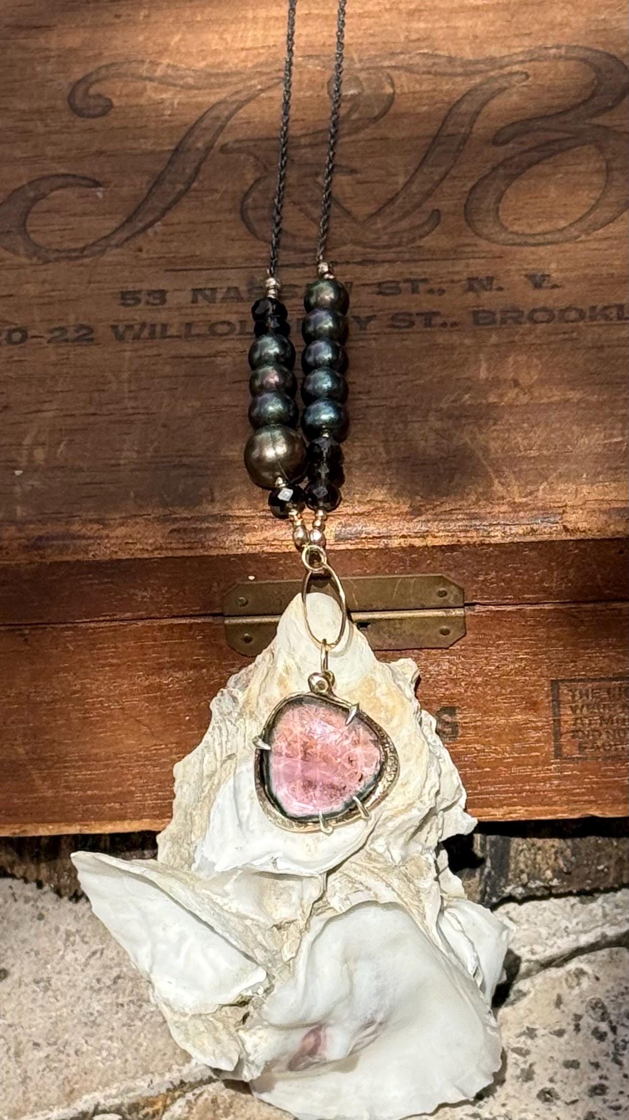 Watermelon Tourmaline Snake Necklace: 14k Gold, Diamond, Pearls, Smoky Topaz