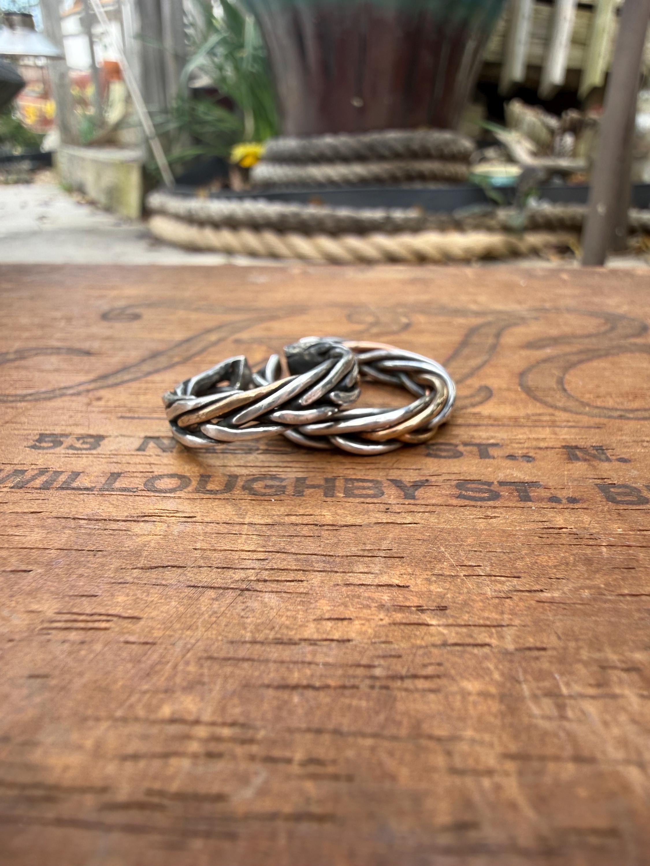 Fishtail Braided Rings with Sterling Silver & 14kgf, Adjustable.