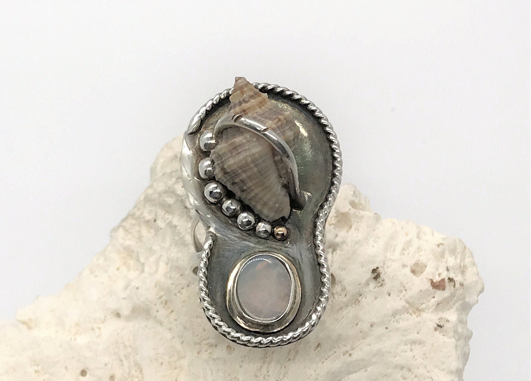 Hand-Picked Florida Rock Snail Shell, Paired with a Beautiful Opal in Mixed Metal; Truly a One of a Kind JO's Beach Inspired Artisan Ring