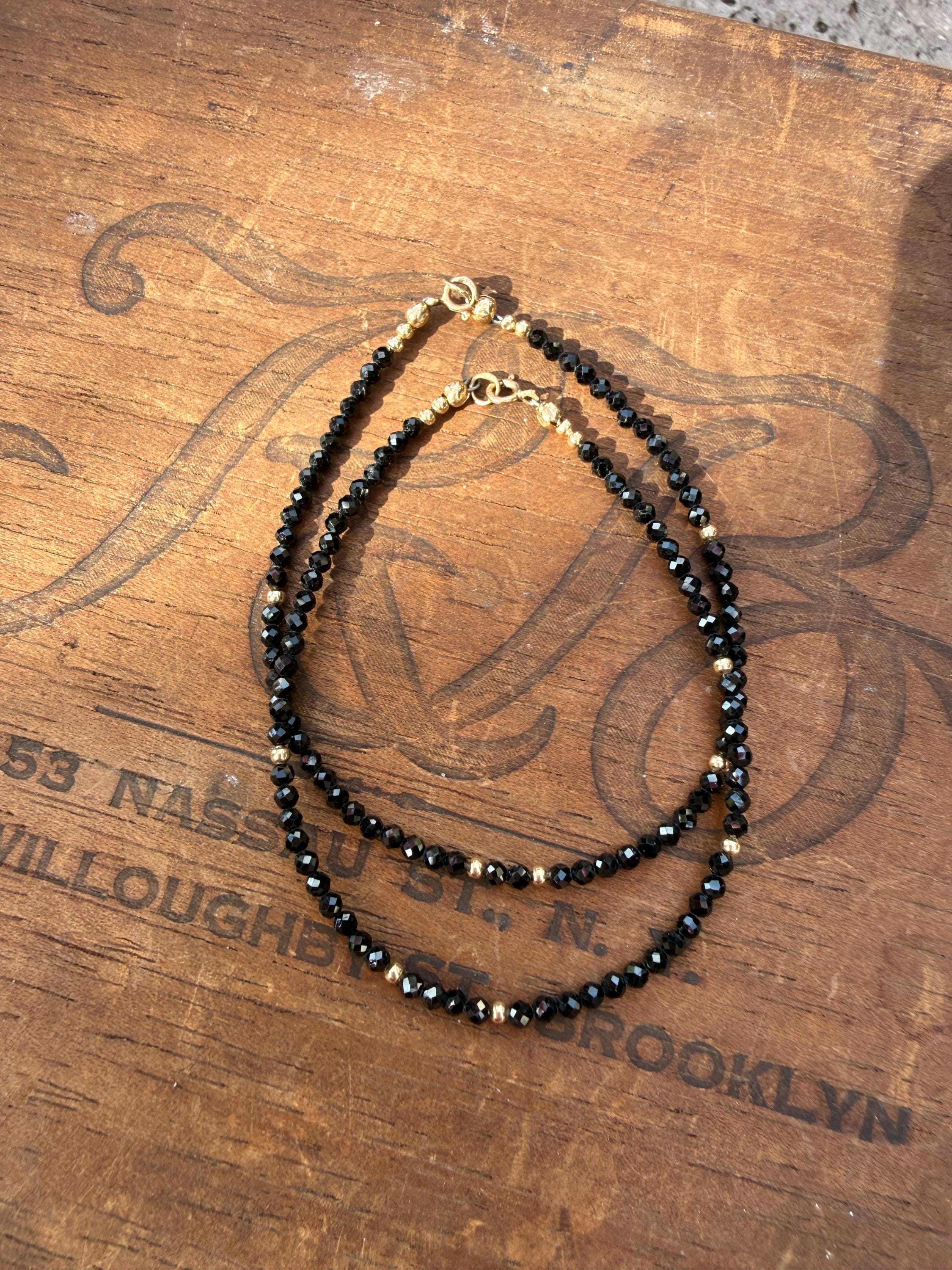 Black Tourmaline & 14k Gold Beaded Bracelet, size 6 3/4”