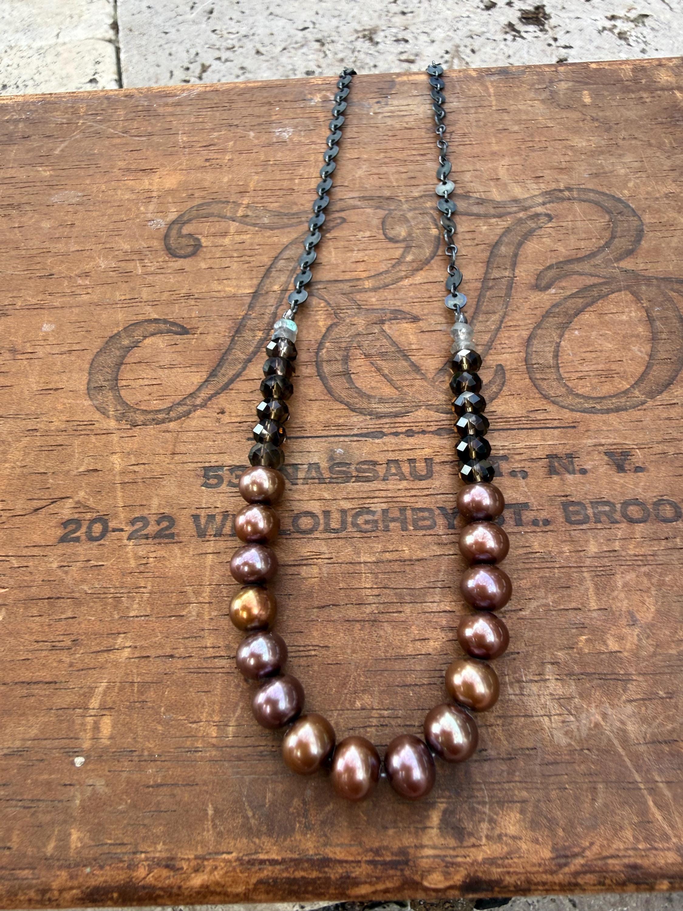 Moody Metallic Freshwater Pearl Necklace with Smoky Topaz & Labradorite, with Blackened S. Silver Chain, 20”