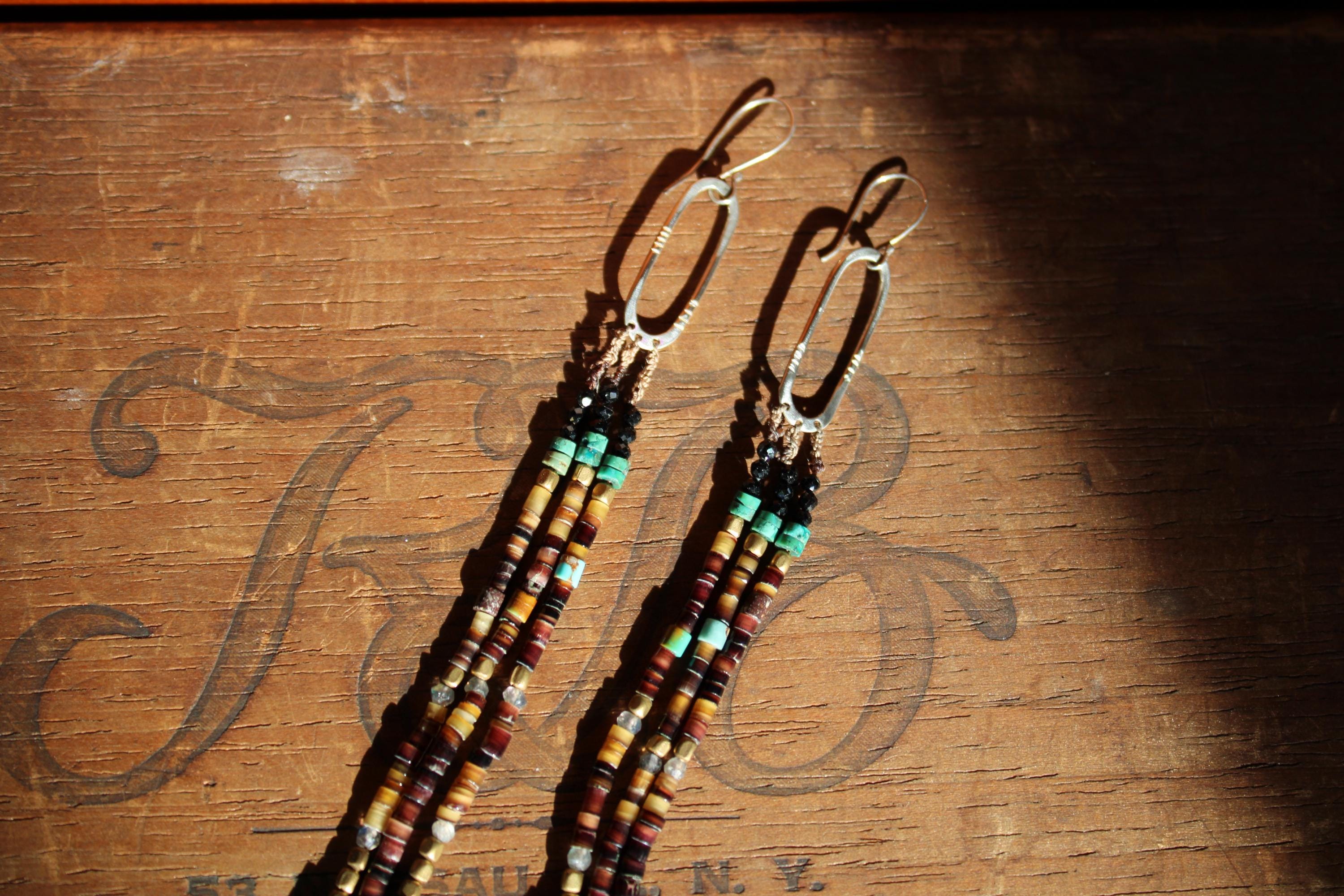 Gypsy Earrings with Shell, Labradorite, Turquoise, Black Tourmaline & Brass beads and Sterling Silver.
