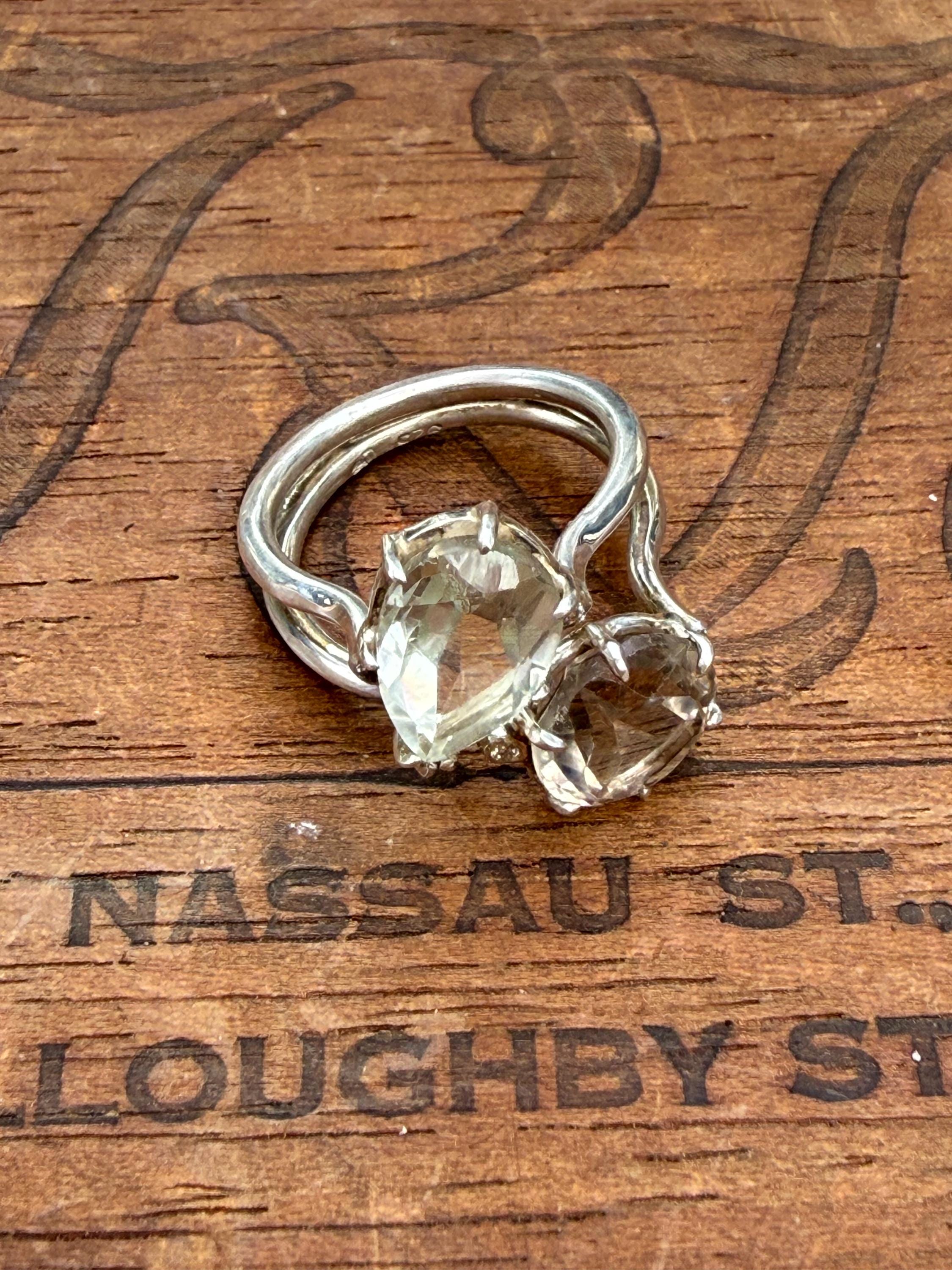 Toi et Moi or 'You and Me' Handmade Ring in Smoky Topaz and Green Flourite, with 4 tiny diamonds and Sterling Silver,  Size 7