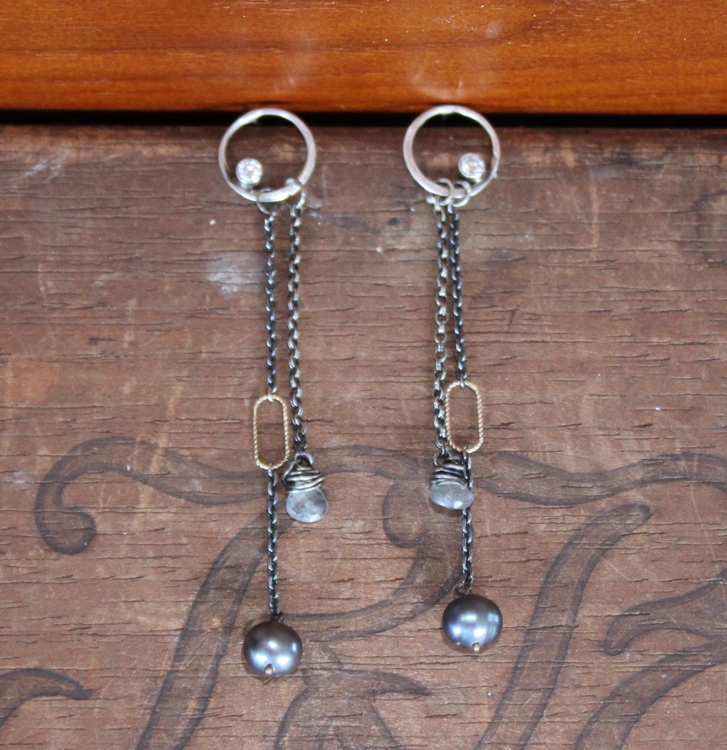 Hand-Forged Sterling Silver Earrings: Diamond, Black Pearl & Labradorite