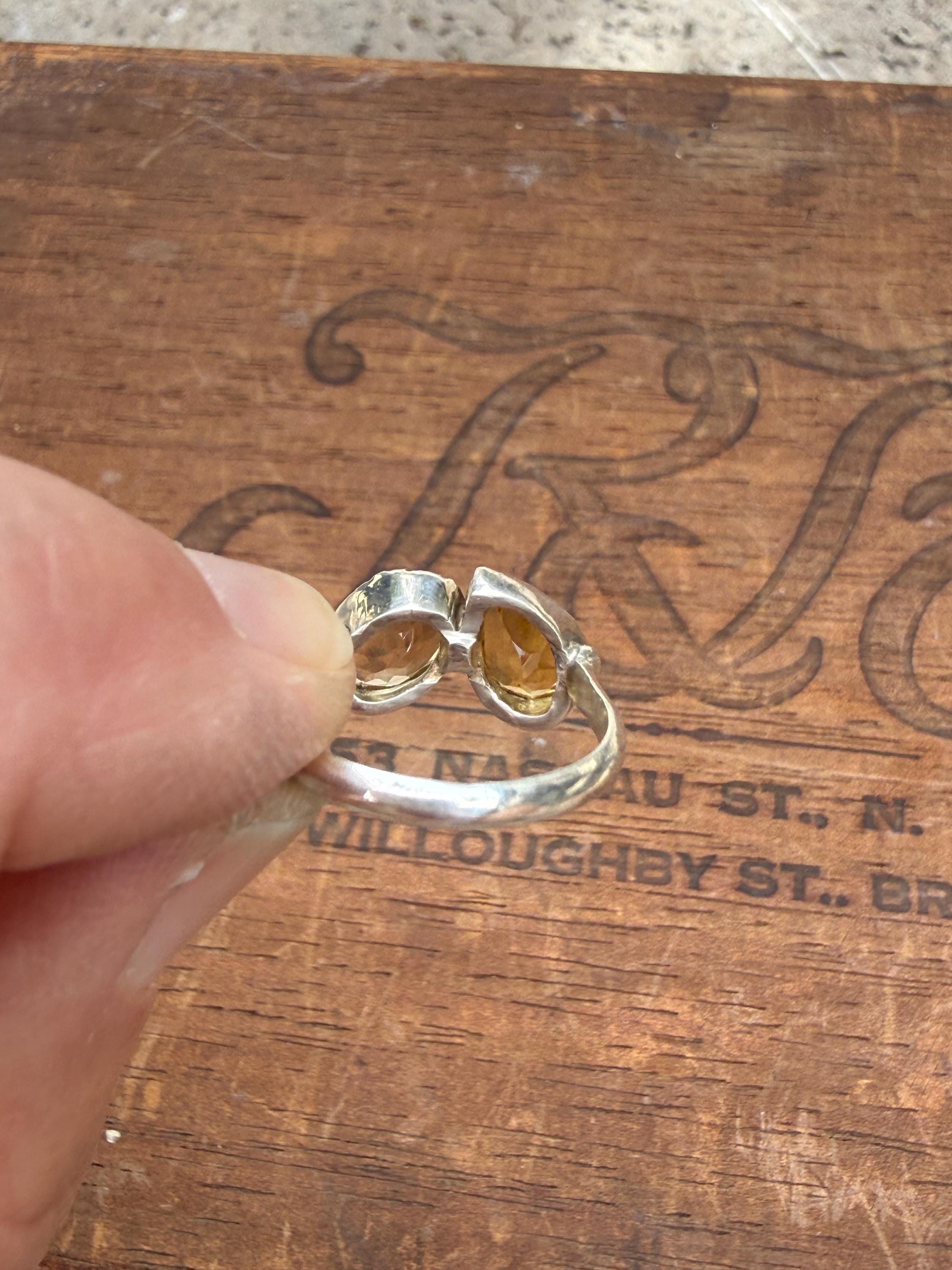 Hand-forged Sterling Silver Ring with Citrine Gemstones, size 6 3/4.