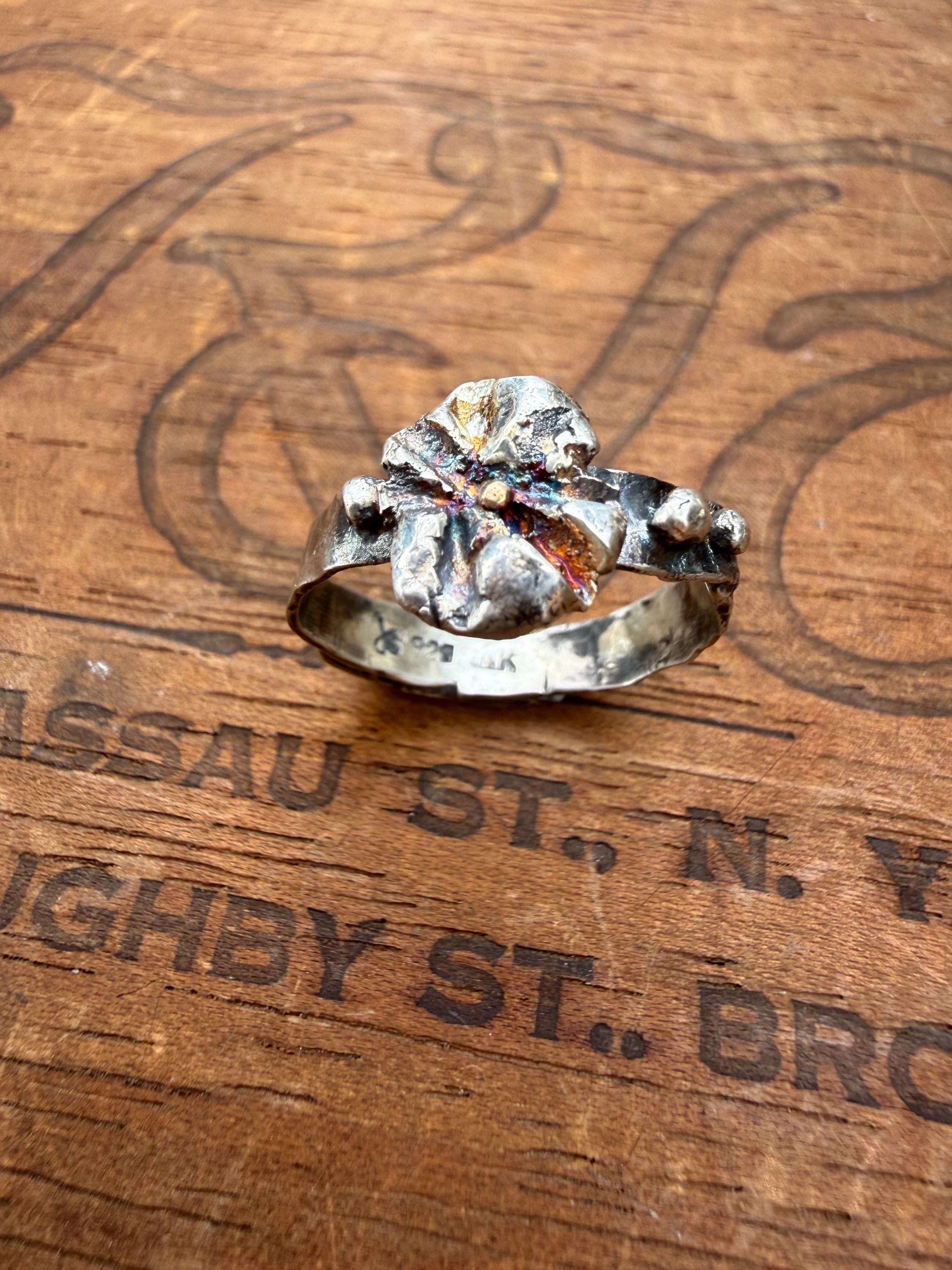 Fused Sterling Silver & Recycled 14K Gold Flower Ring, size 8 1/2