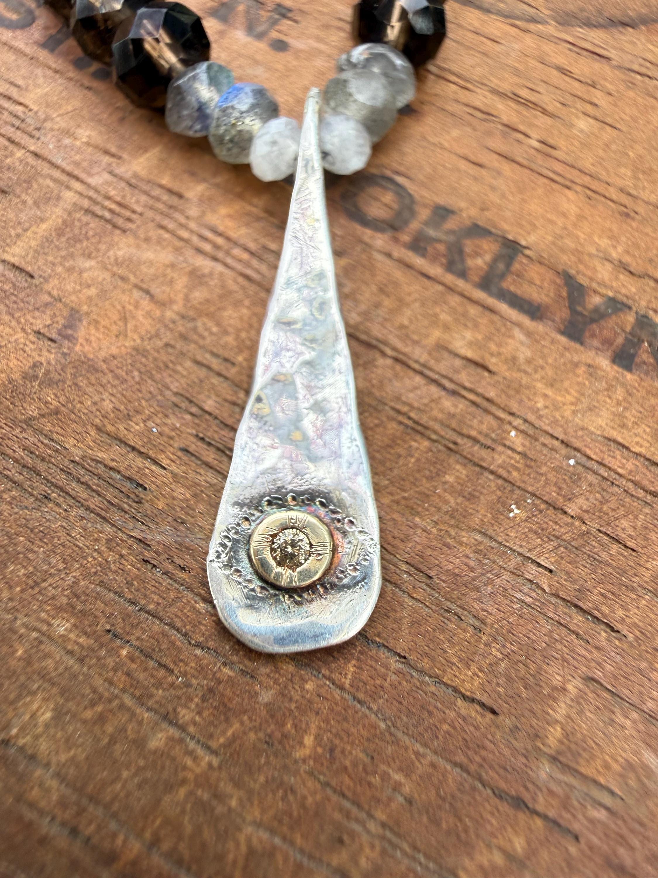 Evil Eye Sterling Silver Necklace: Smoky Quartz, Labradorite, Pearl, and Natural Champagne Diamond