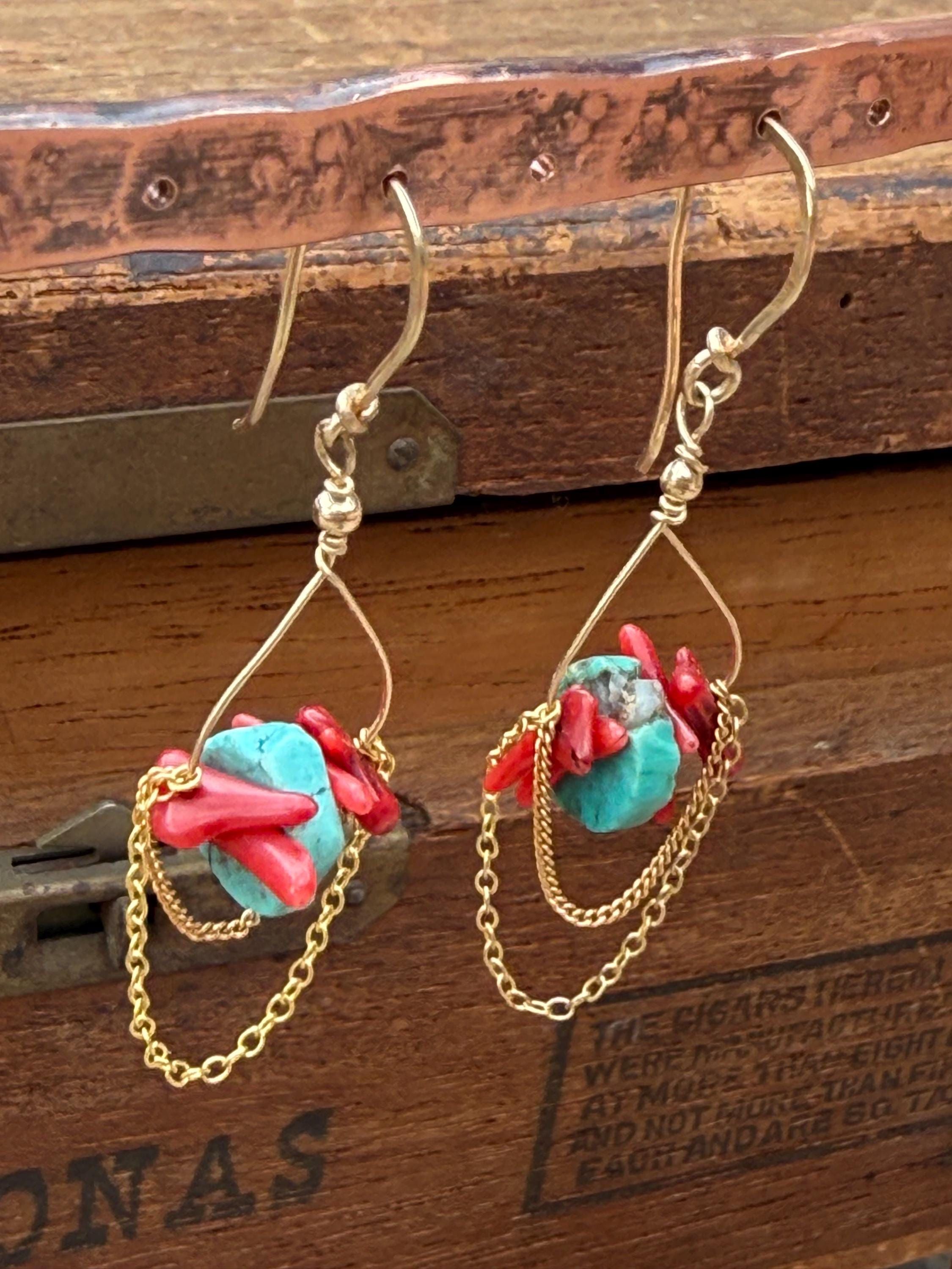 Red Coral & Turquoise Beaded Lightweight Chain Dangle Earrings in 14kgf, Handmade