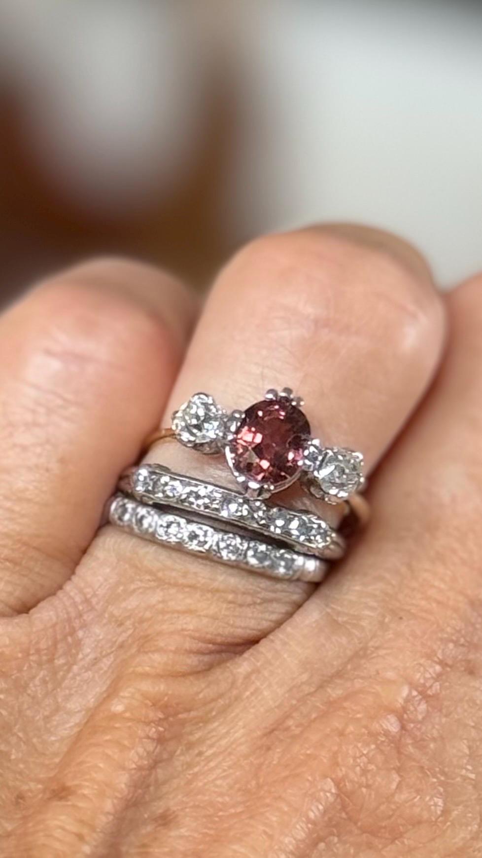 Gorgeous Victorian Trilogy Ring in 18Ct Yellow and White Gold, featuring a 1 carat Spinel, and (2) 22.5 pt Old European cut Natural Diamonds