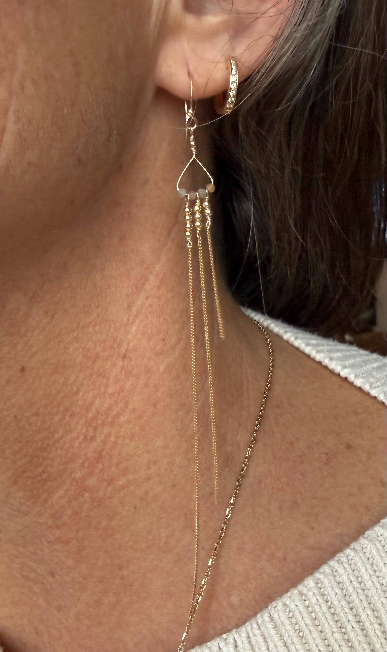 Peach Moonstone & Chain Extra Long Fringe Dangle Earrings in 14kgf, Handmade