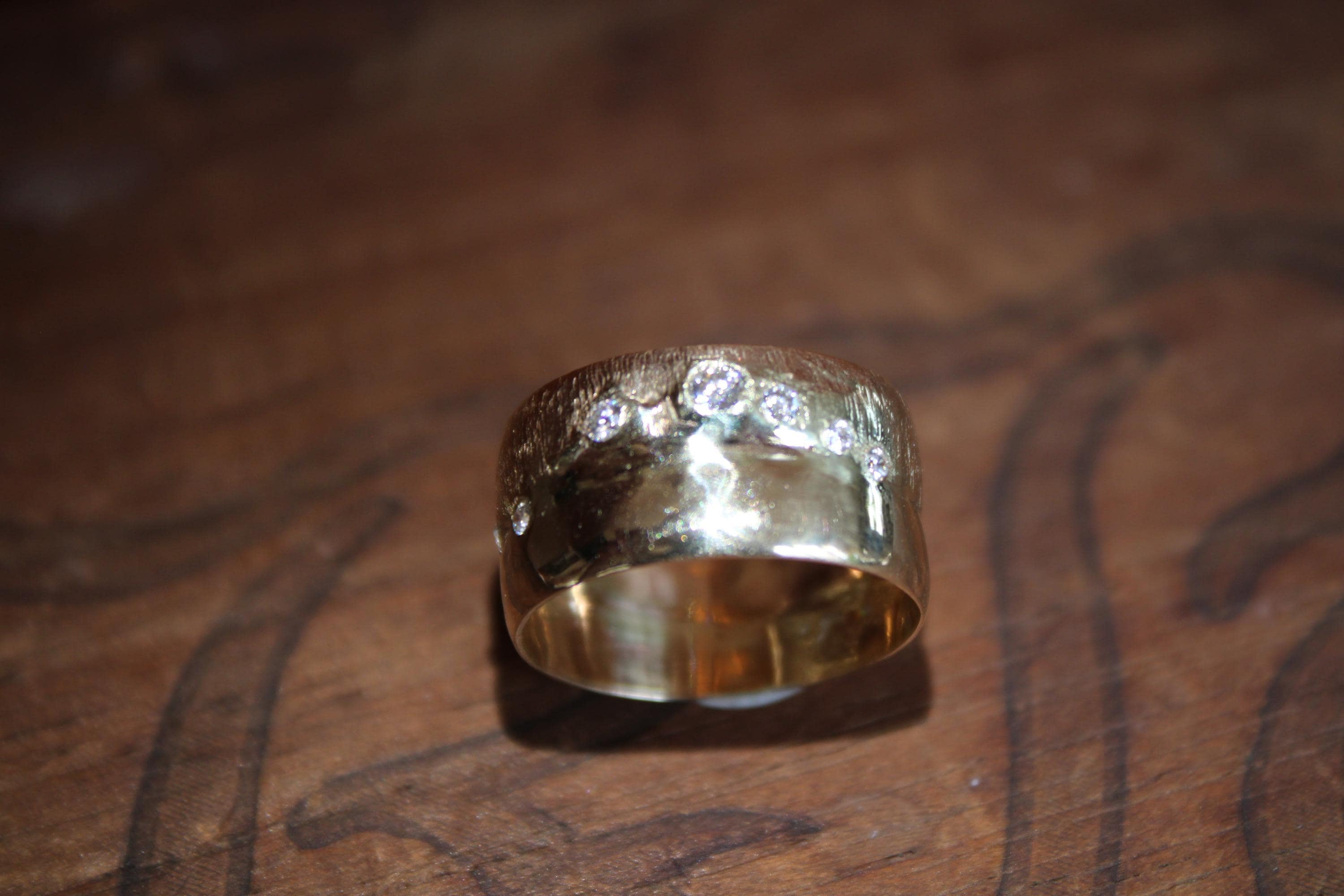 Super Wide Vintage 14Kt Gold Band with Moissanite Diamonds, size 7.5