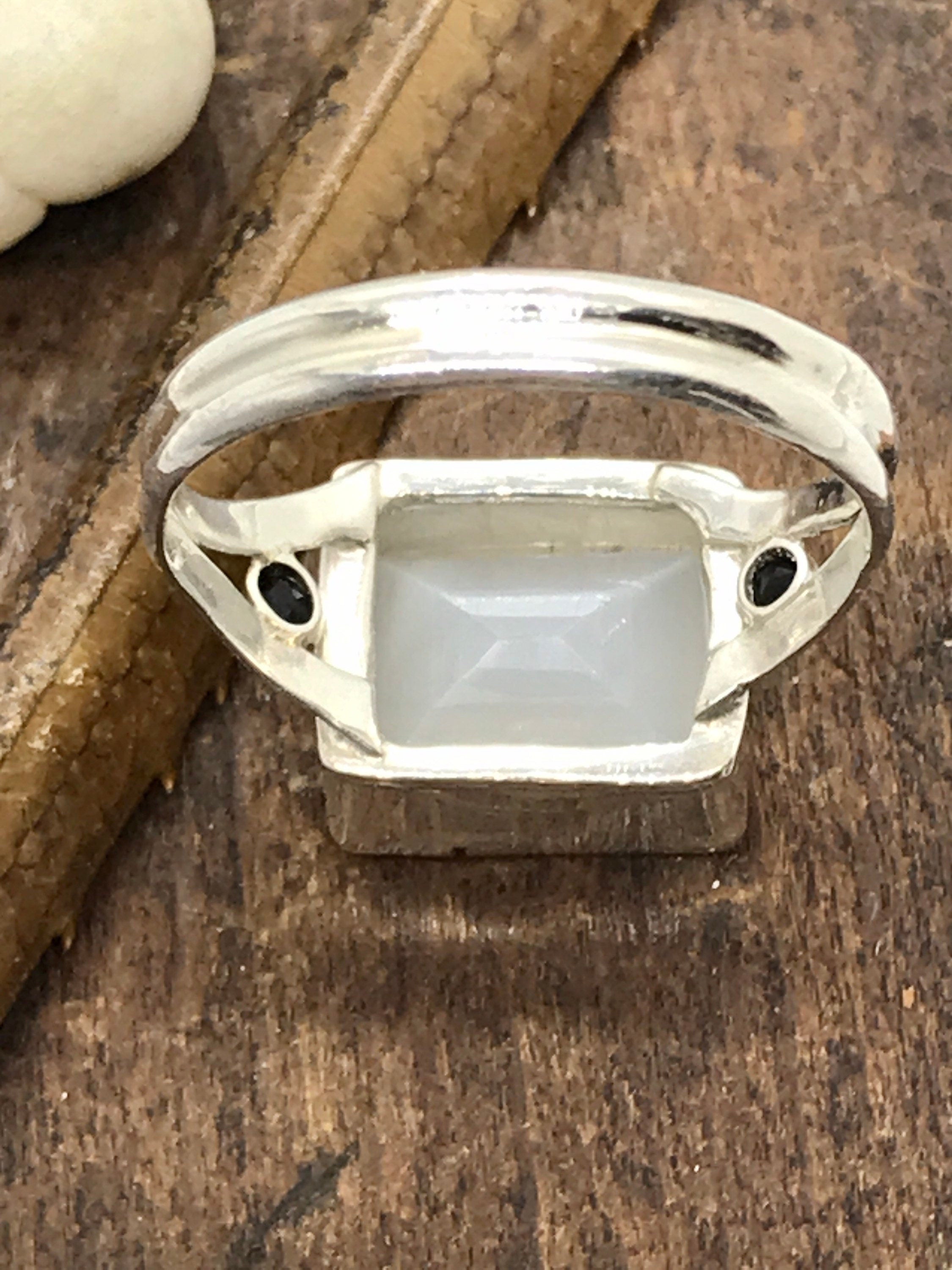 Emerald Cut CHALCEDONY with Spinel Sidelights in sterling silver, handmade with estate gems (earth friendly)