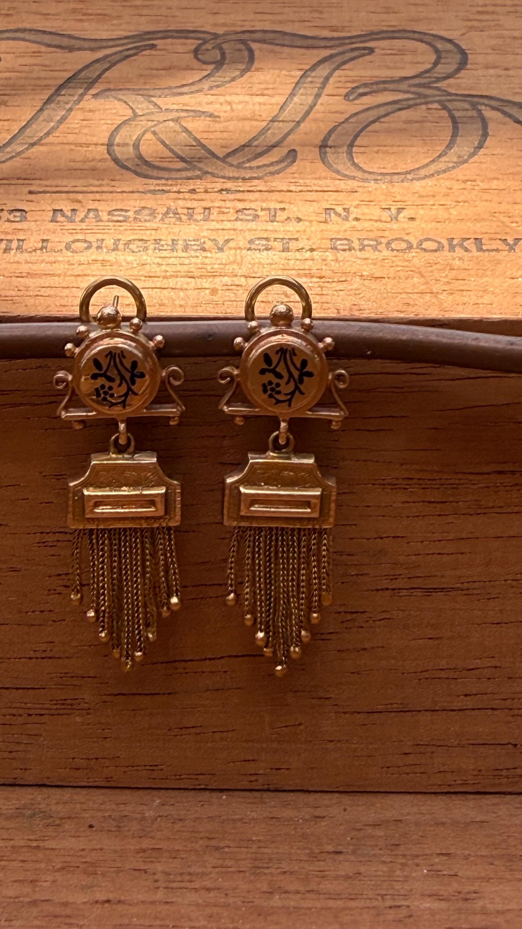 Antique Earrings Victorian Tassle with Black Enamel and 14K Yellow Gold