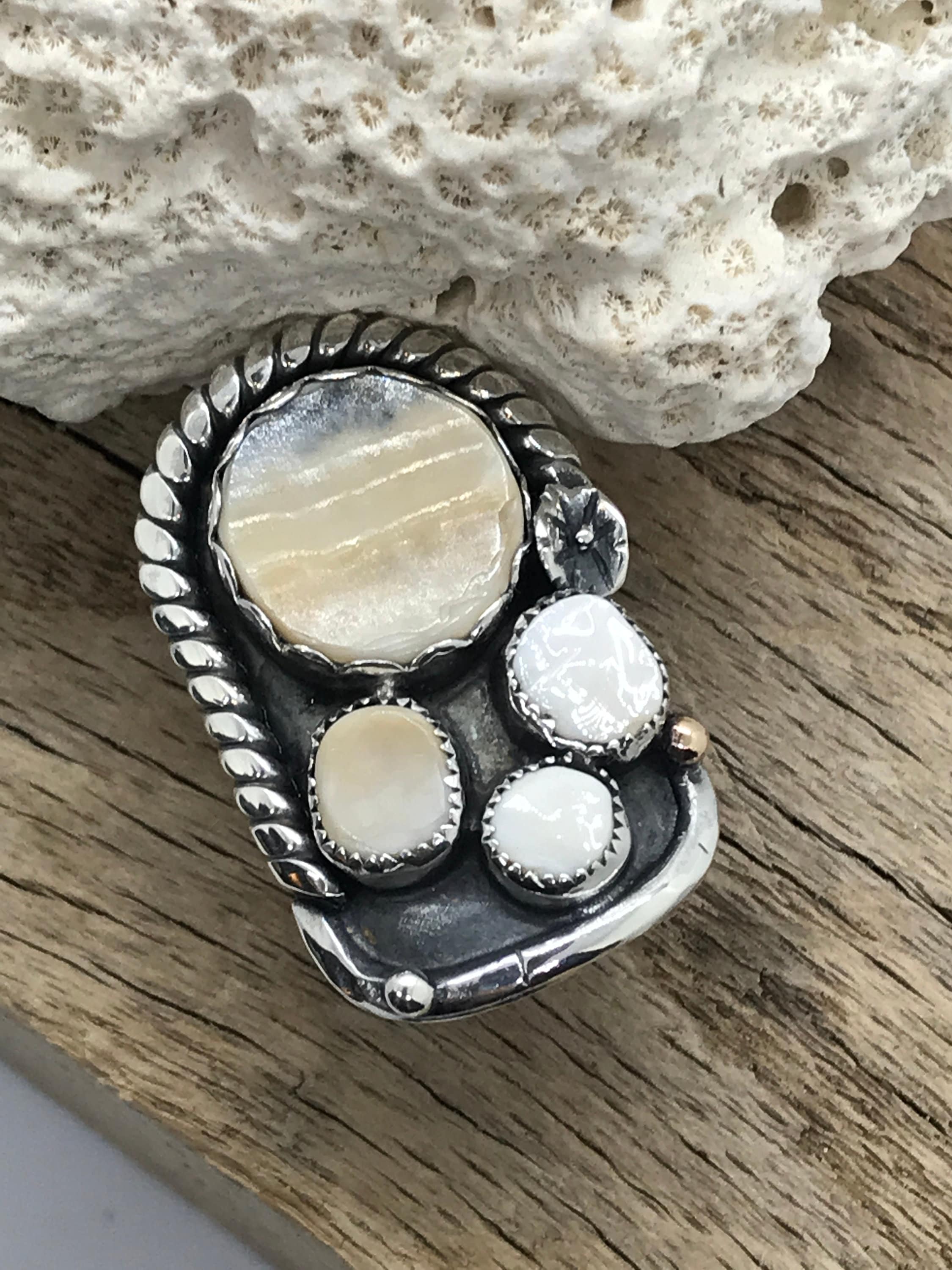 Clam Shell Ring, Hand-Picked & Hand-Cut, Set in Sterling Silver with 14kt GF Embellishments