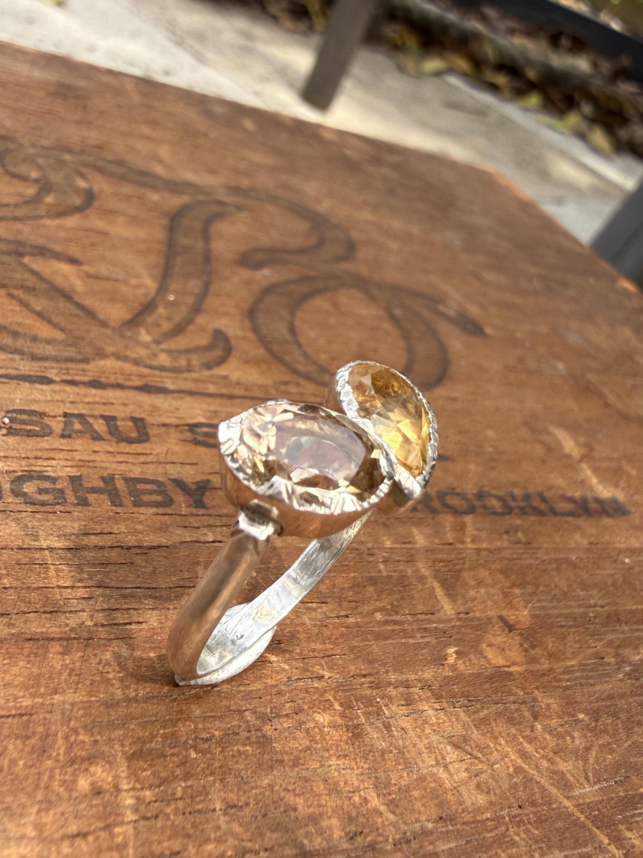 Hand-forged Sterling Silver Ring with Citrine Gemstones, size 6 3/4.