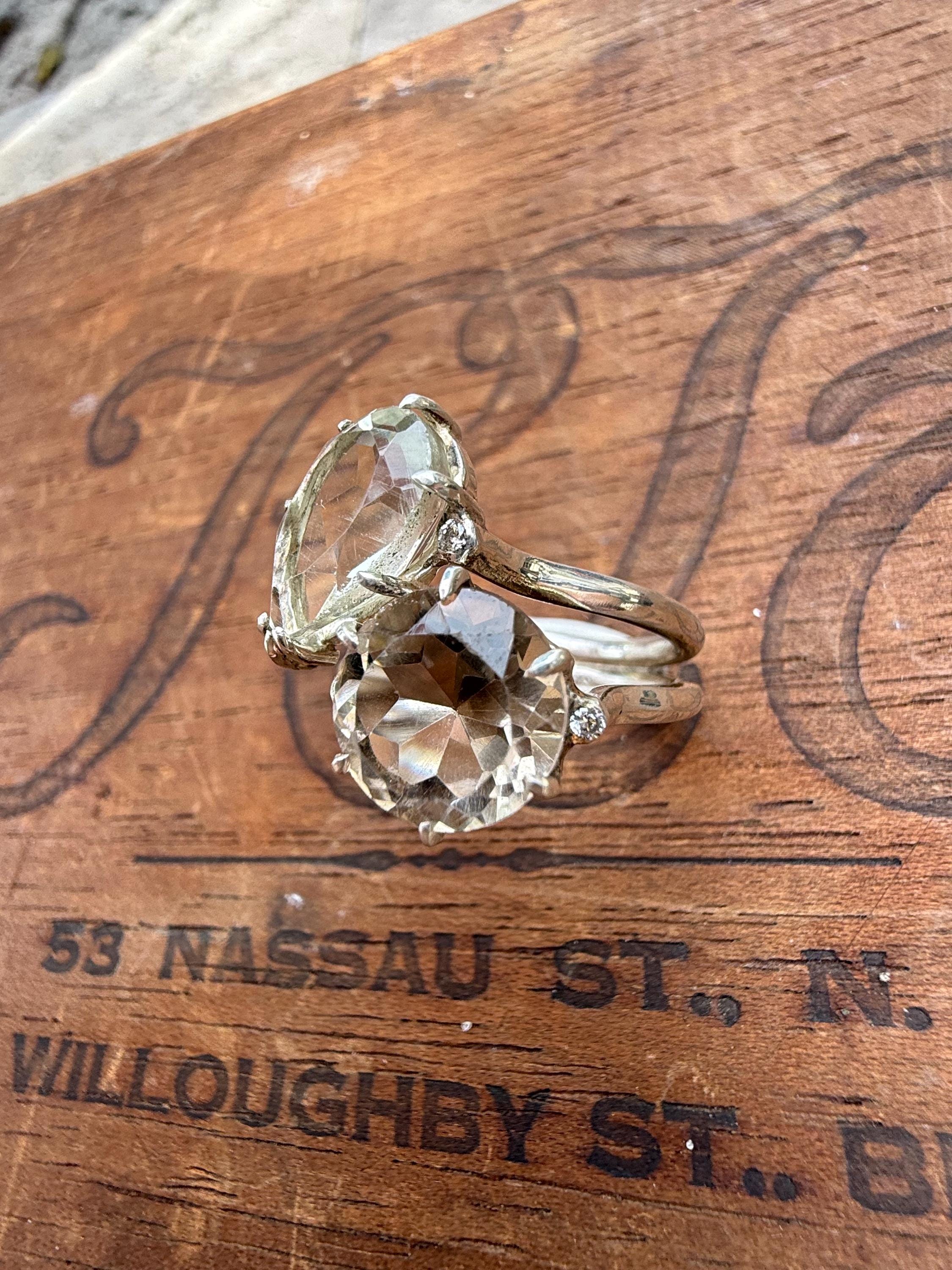 Toi et Moi or 'You and Me' Handmade Ring in Smoky Topaz and Green Flourite, with 4 tiny diamonds and Sterling Silver,  Size 7