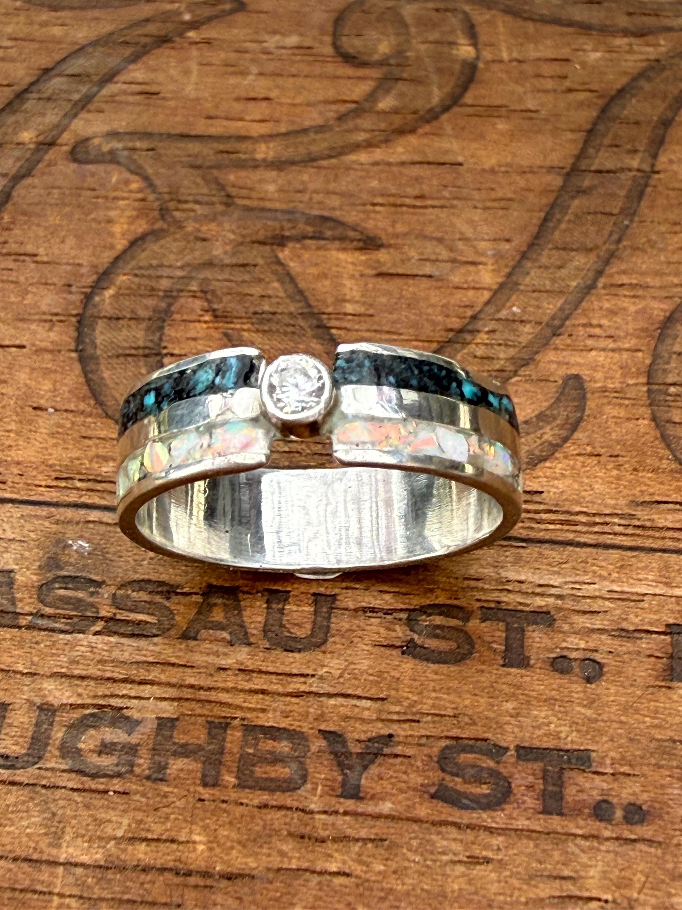 Turquoise and Opal Double Inlay Band with a Moissanite Center Diamond in Sterling Silver, size 8