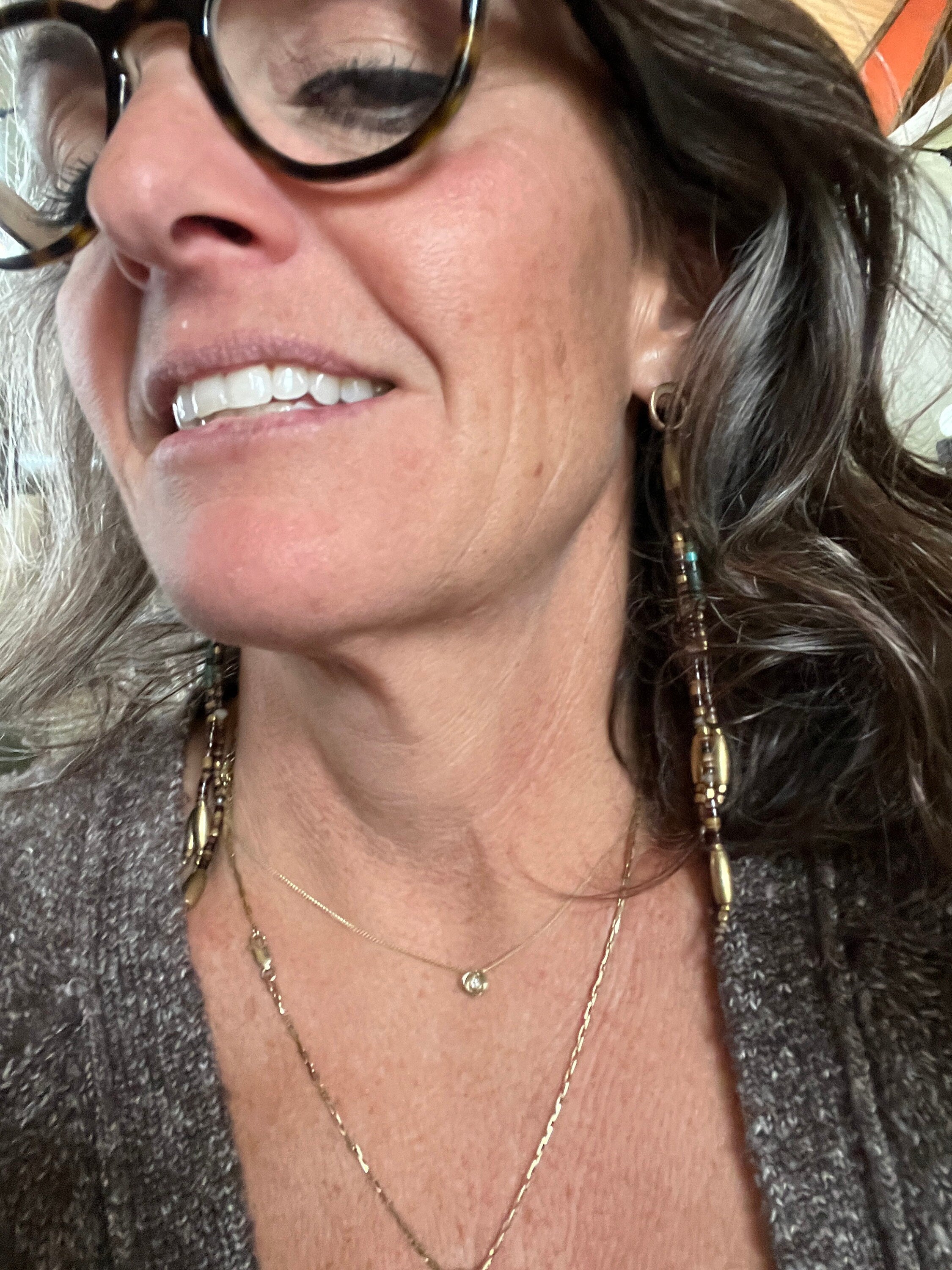 Gypsy Earrings with Shell, Labradorite, Turquoise, Moonstone, & Brass beads and 14kgf with SS Posts.