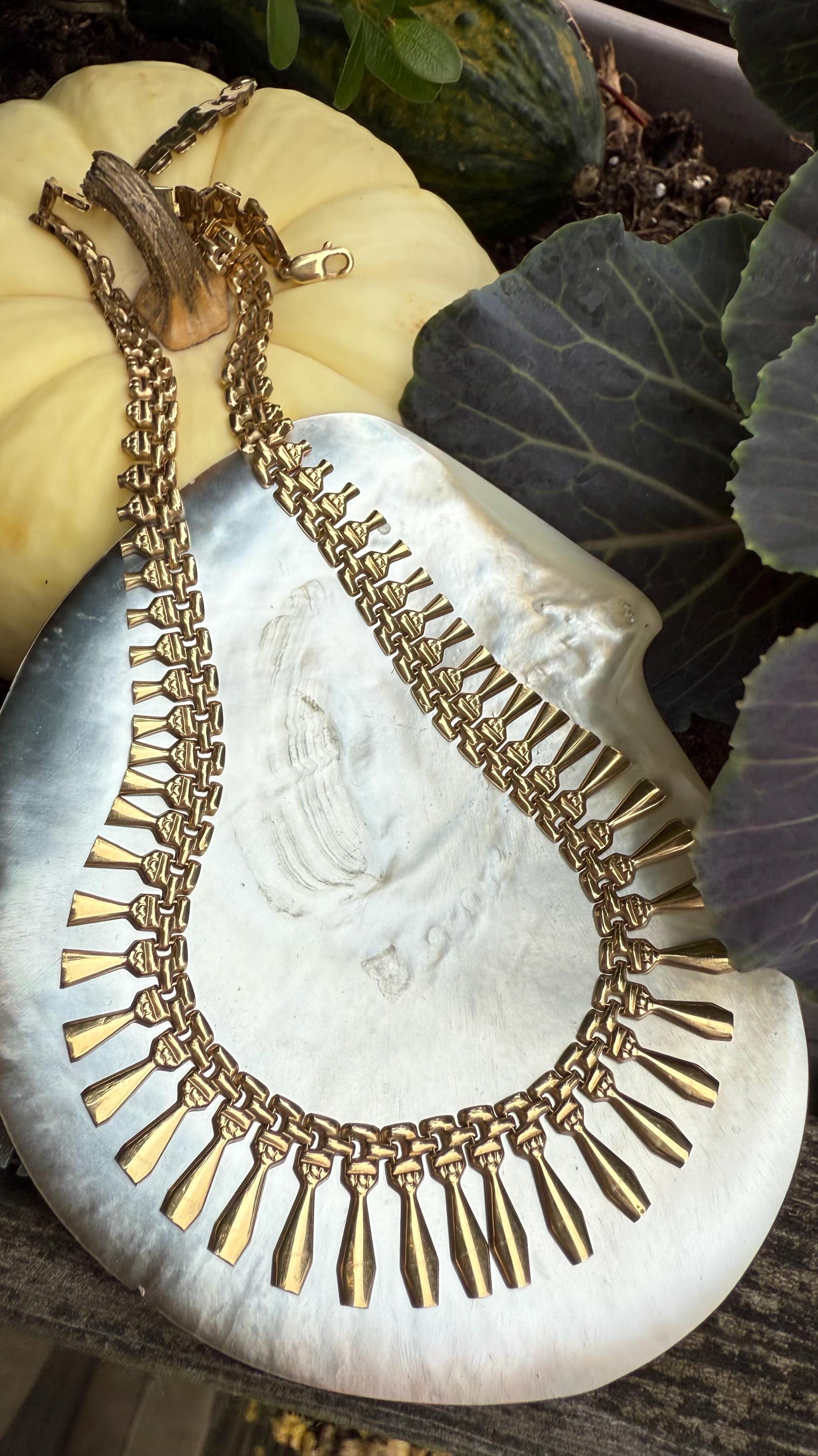 Vintage Italian 9Kt Gold Heavy Egyptian Revival Cleopatra Large Collar Necklace,  16 inches, 15.2 Grams