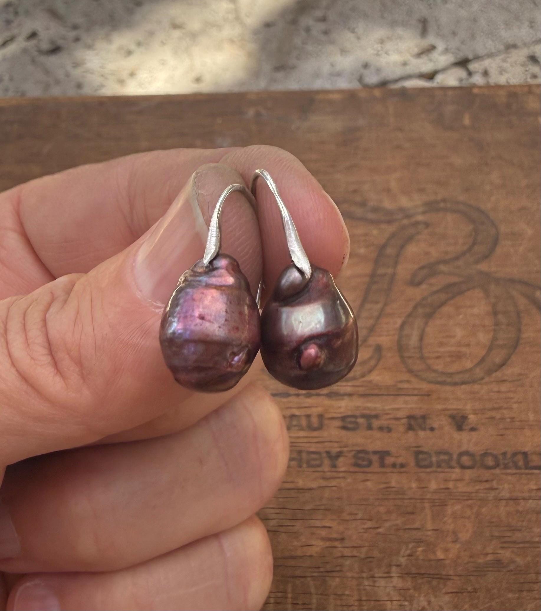 Port Colored Baroque Freshwater Pears with Sterling Silver hooks.