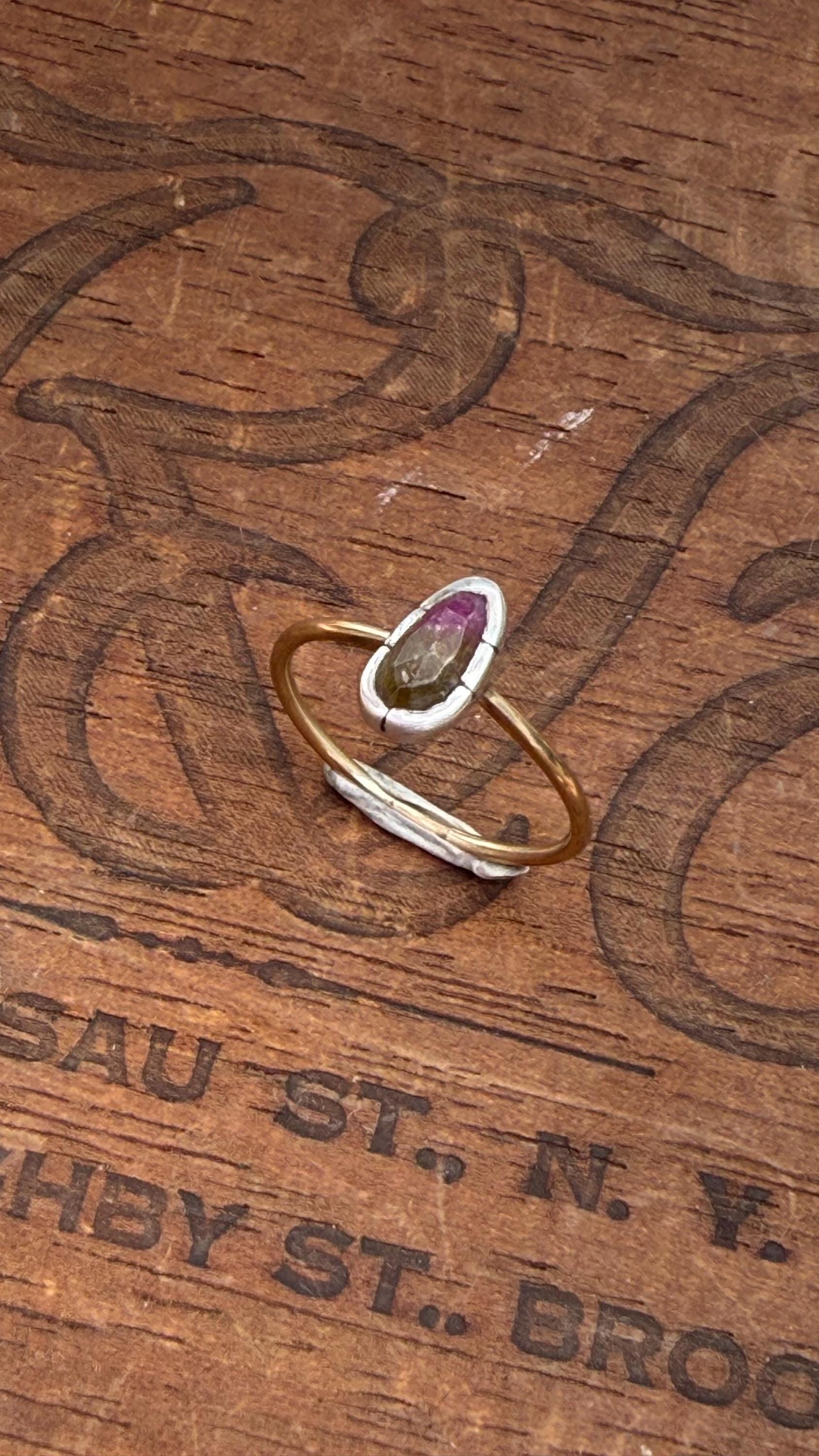 Rose Cut Watermelon Tourmaline Ring: Sterling Silver & 14K Gold, Size 8.25