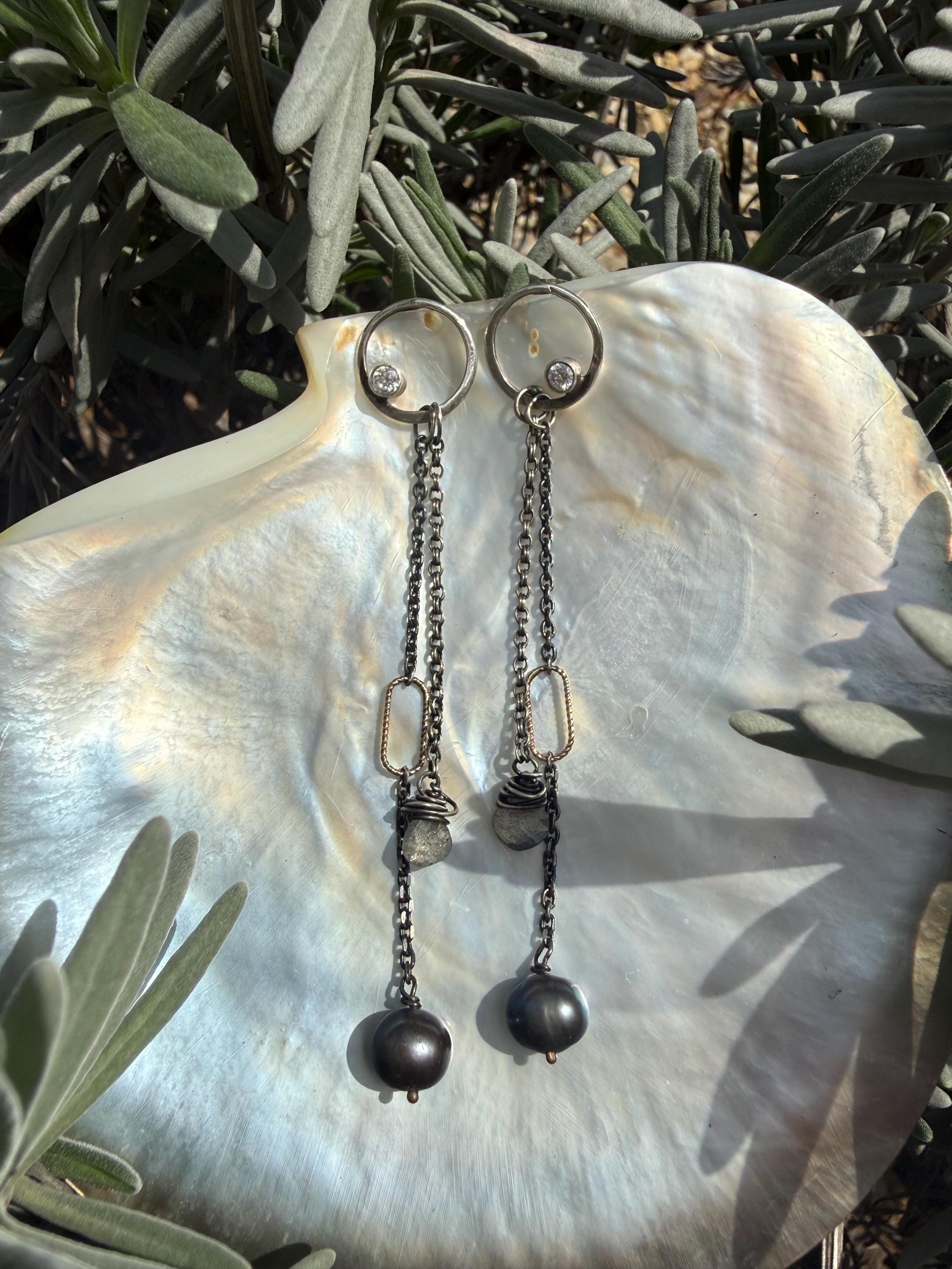 Hand-Forged Sterling Silver Earrings: Diamond, Black Pearl & Labradorite