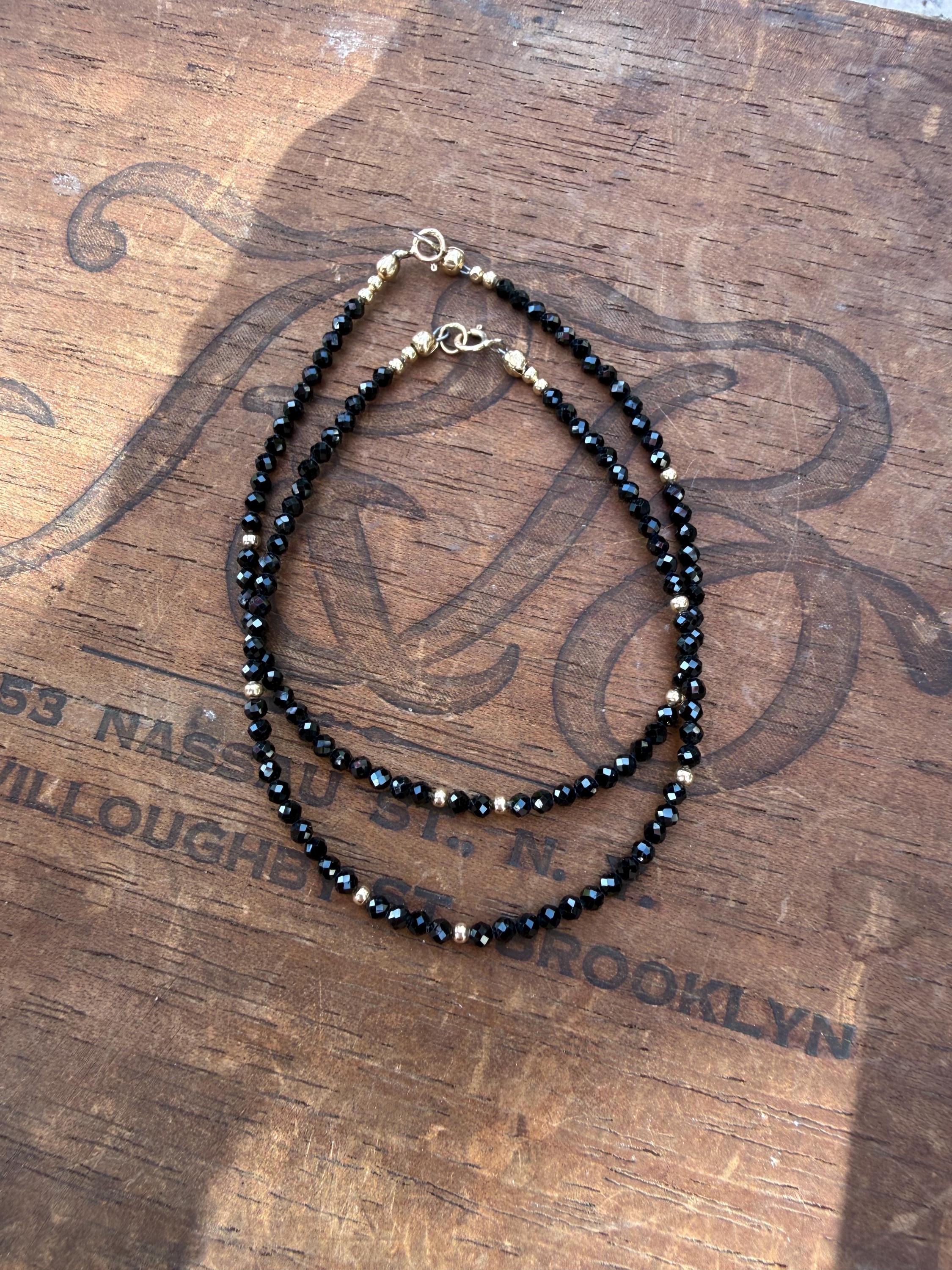 Black Tourmaline & 14k Gold Beaded Bracelet, size 6 3/4”