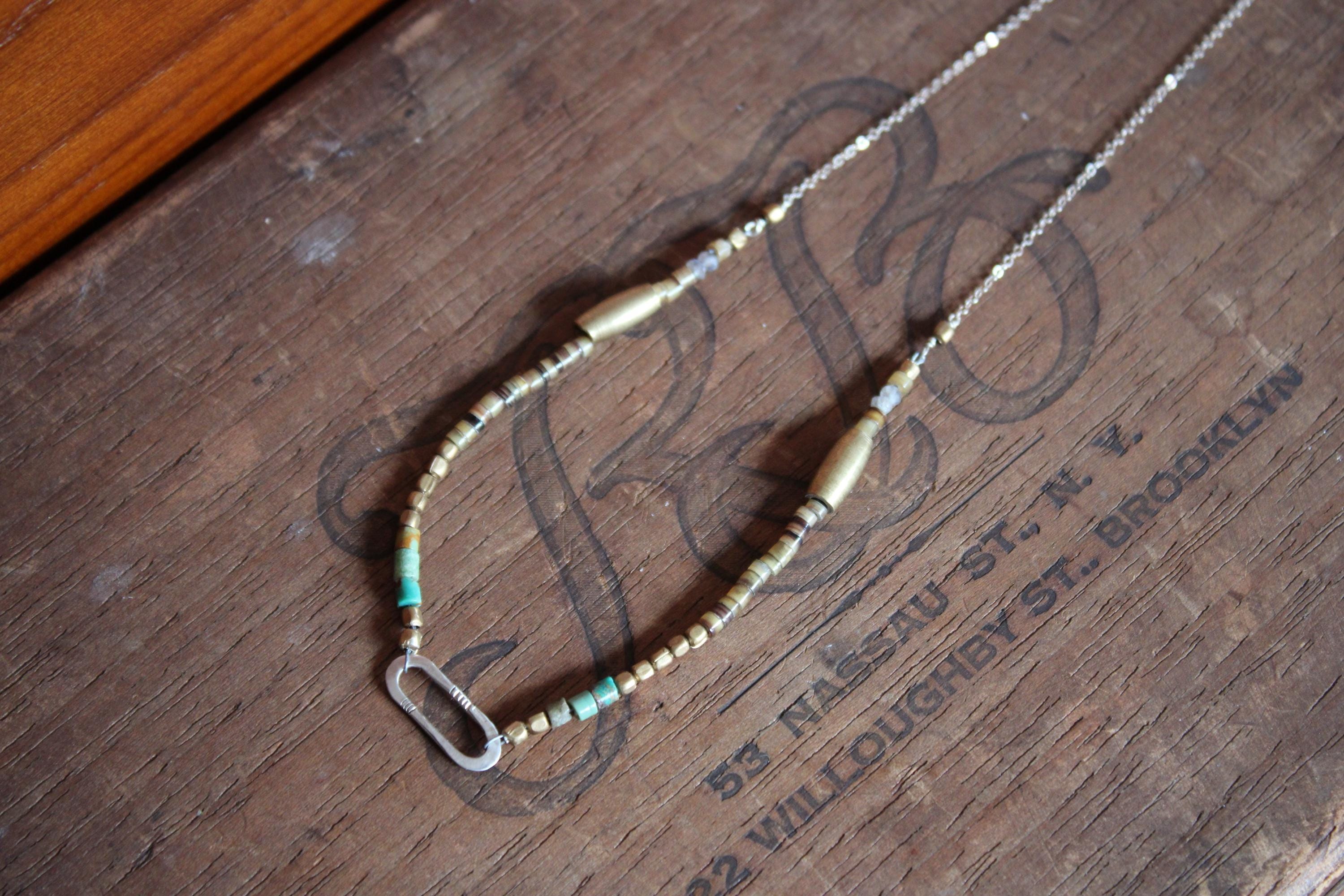 Gypsy Necklace with Turquoise, Shell, Labradorite & Brass Beads with Hand Formed S. Silver Link, 18” Silver chain