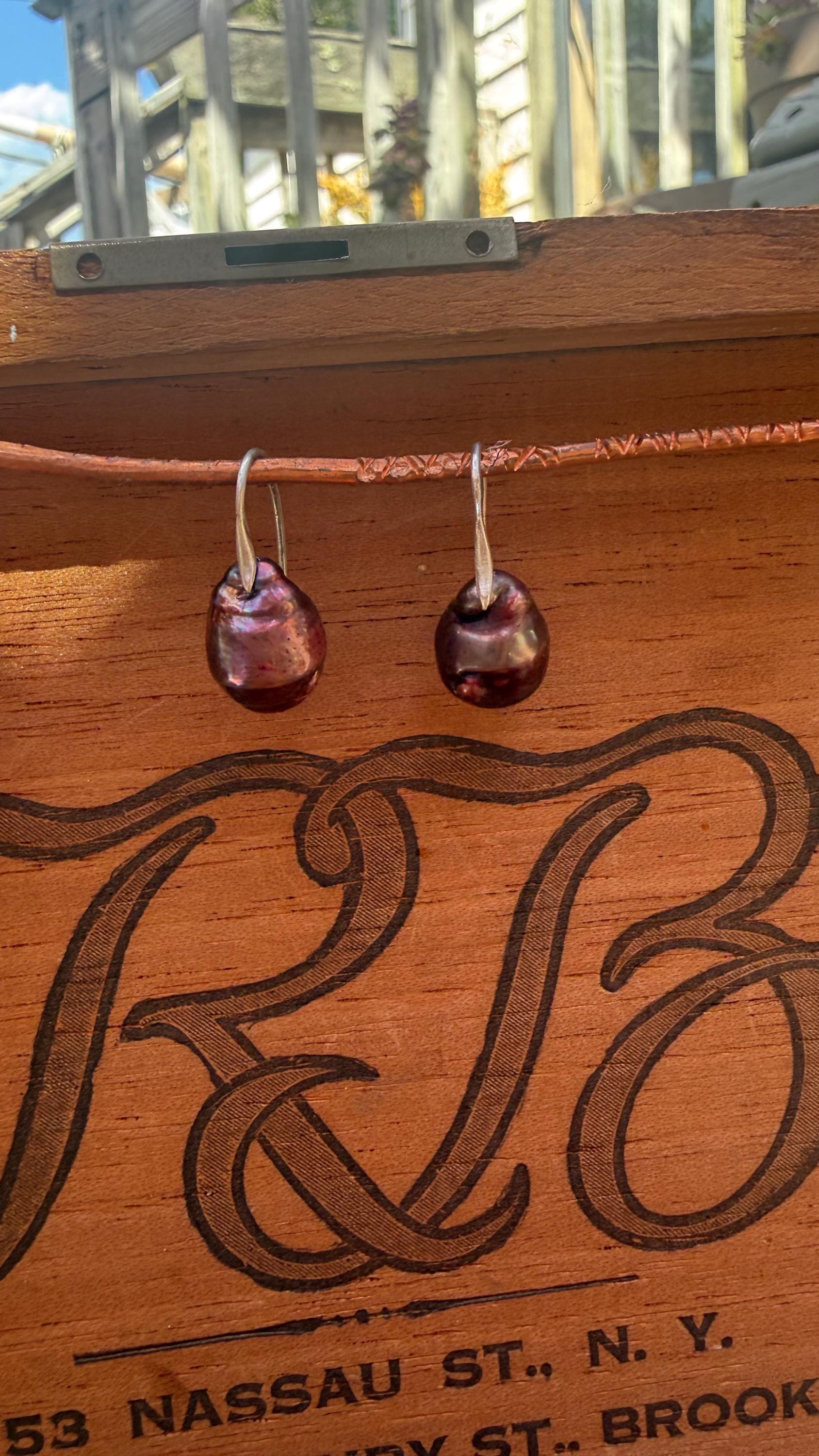 Port Colored Baroque Freshwater Pears with Sterling Silver hooks.