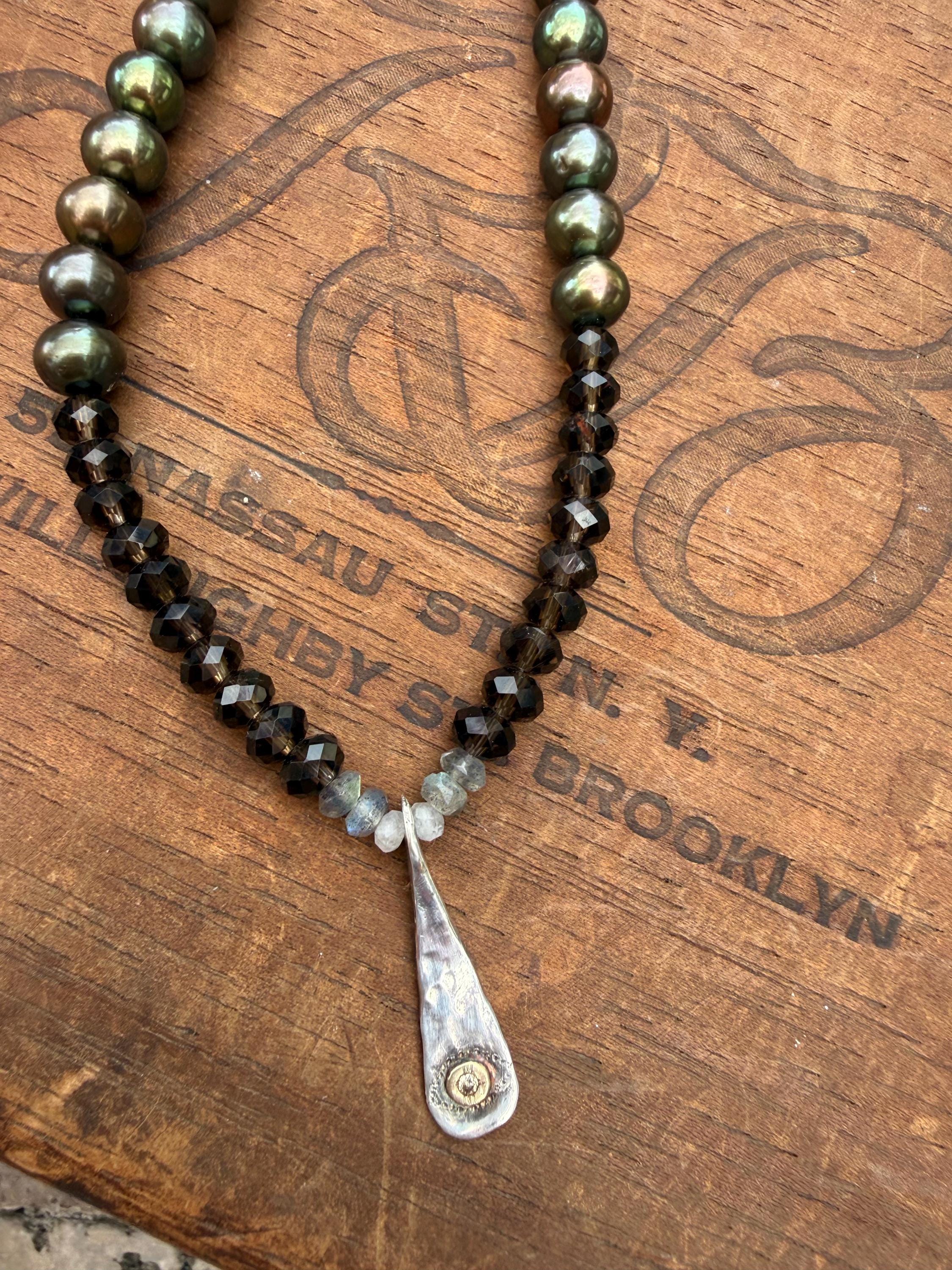 Evil Eye Sterling Silver Necklace: Smoky Quartz, Labradorite, Pearl, and Natural Champagne Diamond