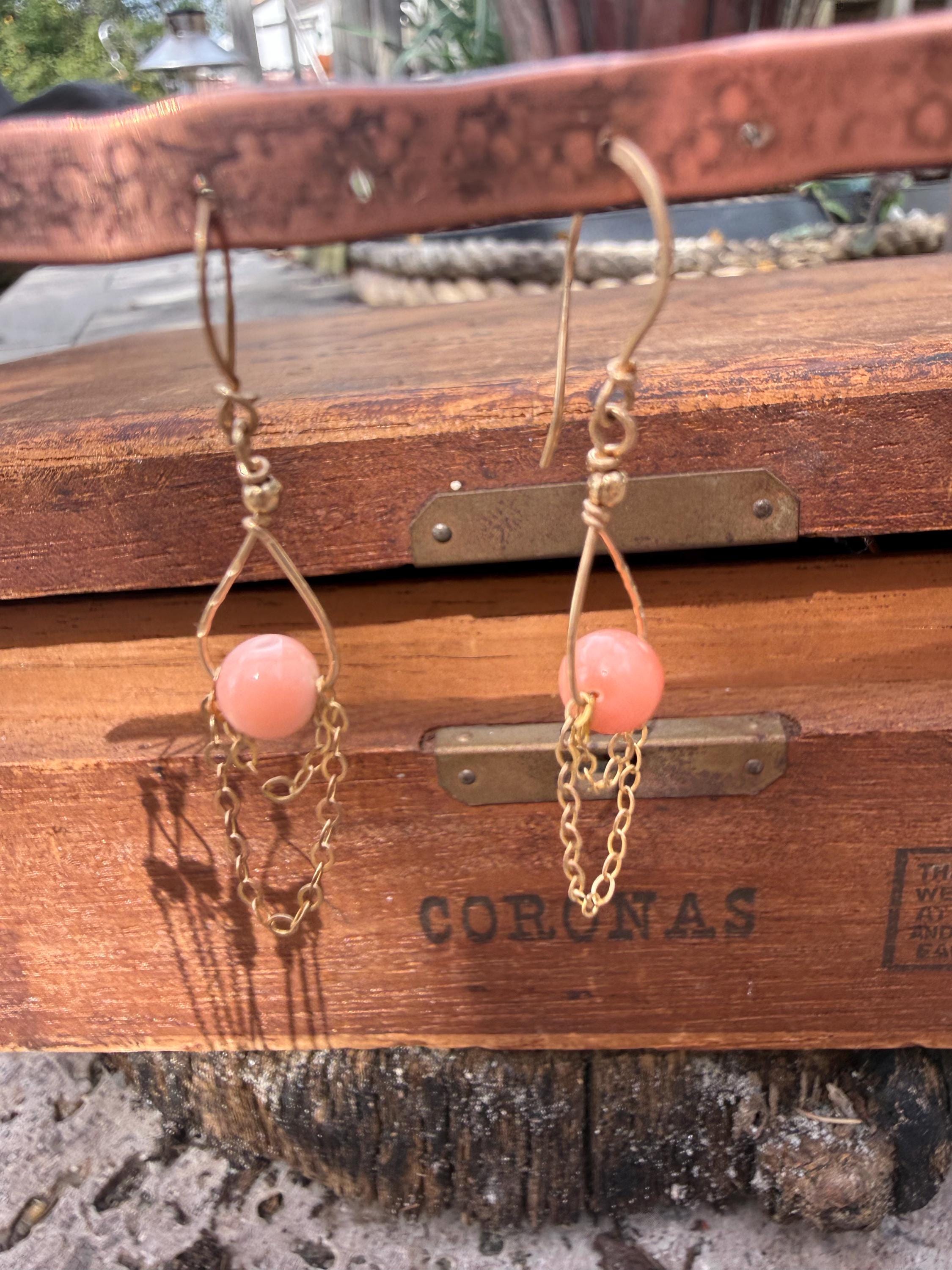 Angel Skin Coral & Chain Lightweight Dangle Earrings in 14kgf, Handmade