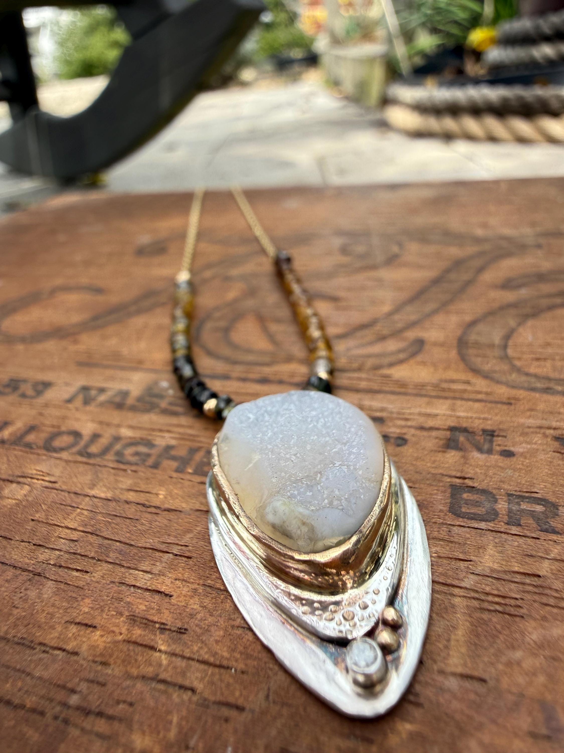 Druzy Diamond Pendant: 14K Gold & Sterling Silver, Tourmaline Bead Necklace