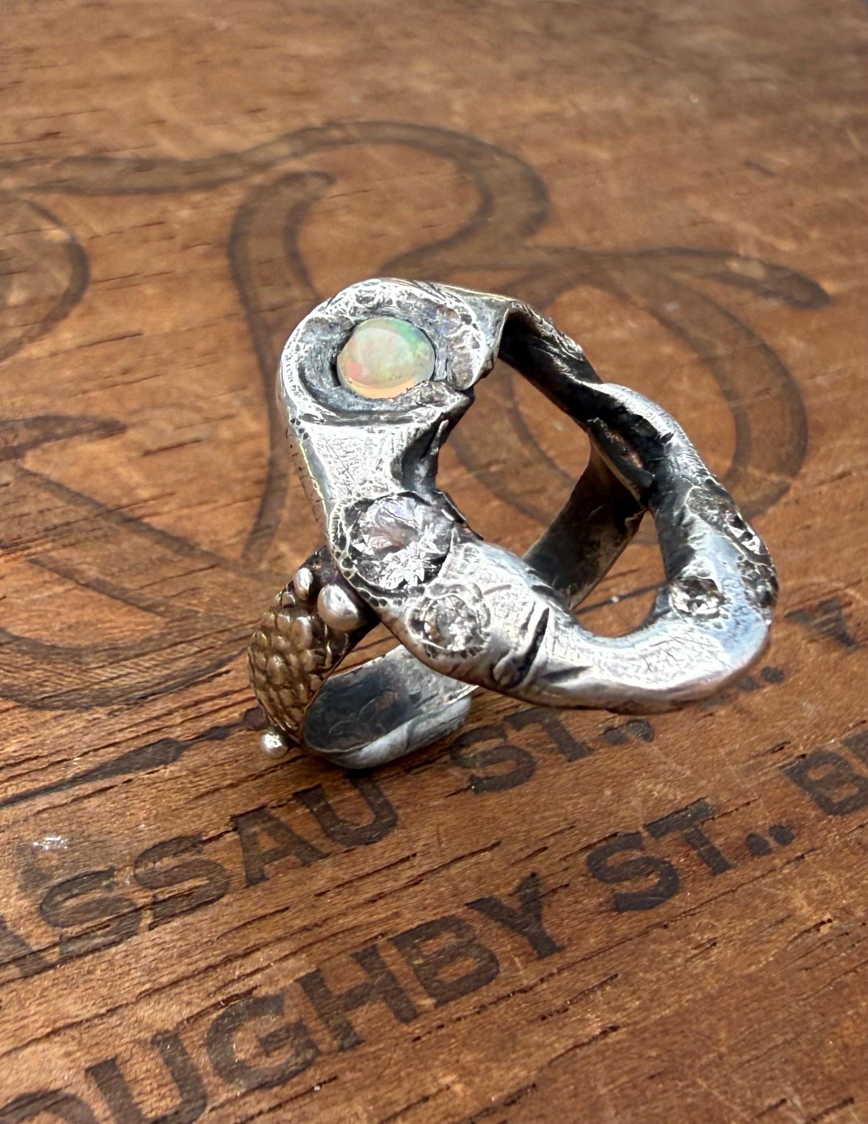 Fine & Sterling Silver Organic Pirate Ring with CZ’s and an Opal. Size 7.5