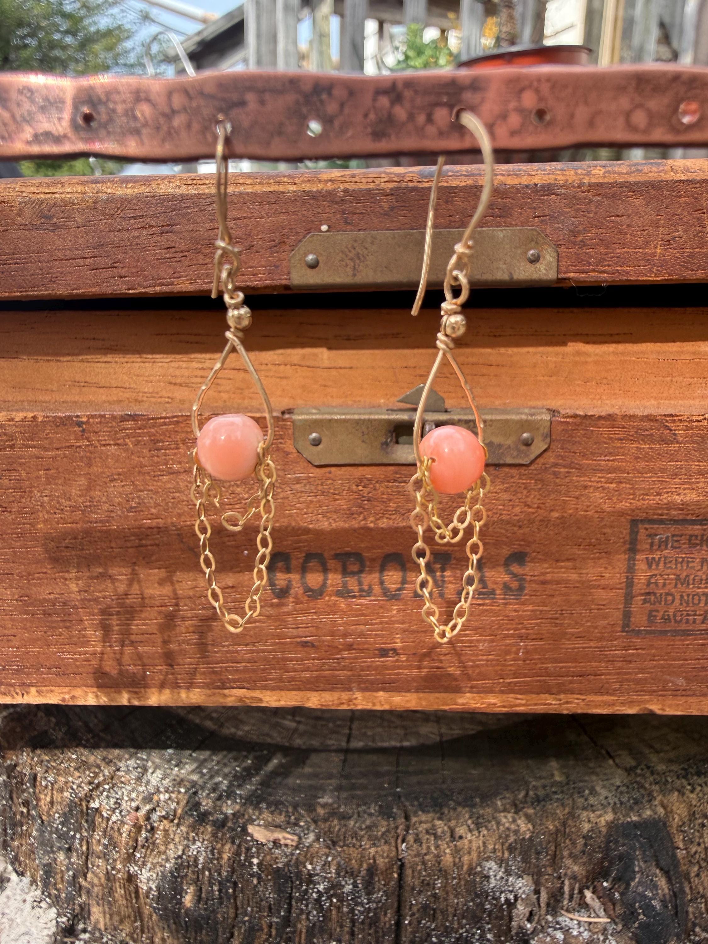 Angel Skin Coral & Chain Lightweight Dangle Earrings in 14kgf, Handmade