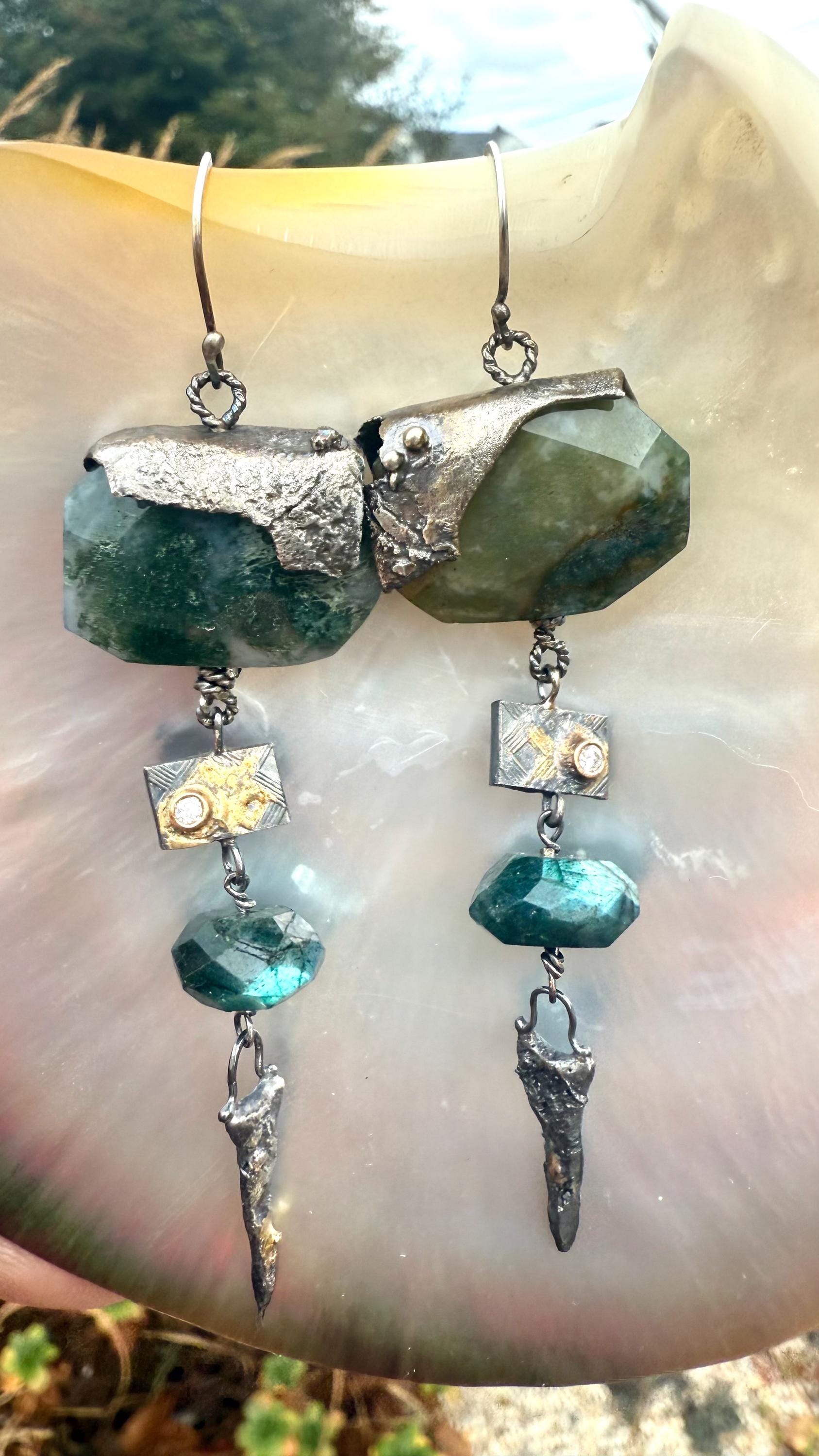 Gypsy Dangle Earrings with Moss Agate,  Emerald, Diamond, Sterling Silver, and 14Kt  Gold.