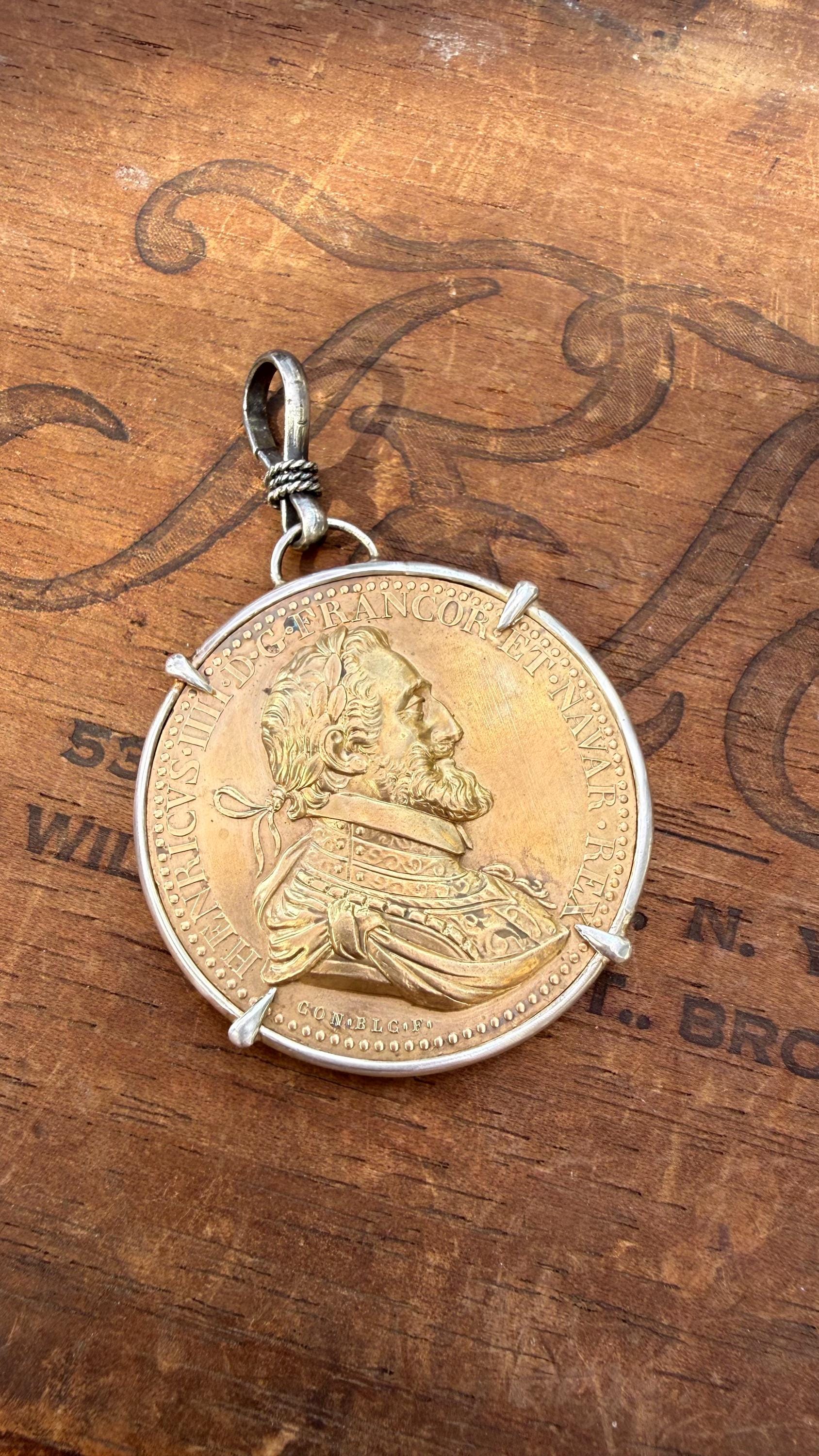 Vintage Bronze ‘1598 France The Unification of the Two Kingdoms’ Coin with Sterling Silver Claw Prongs & Silver Clip