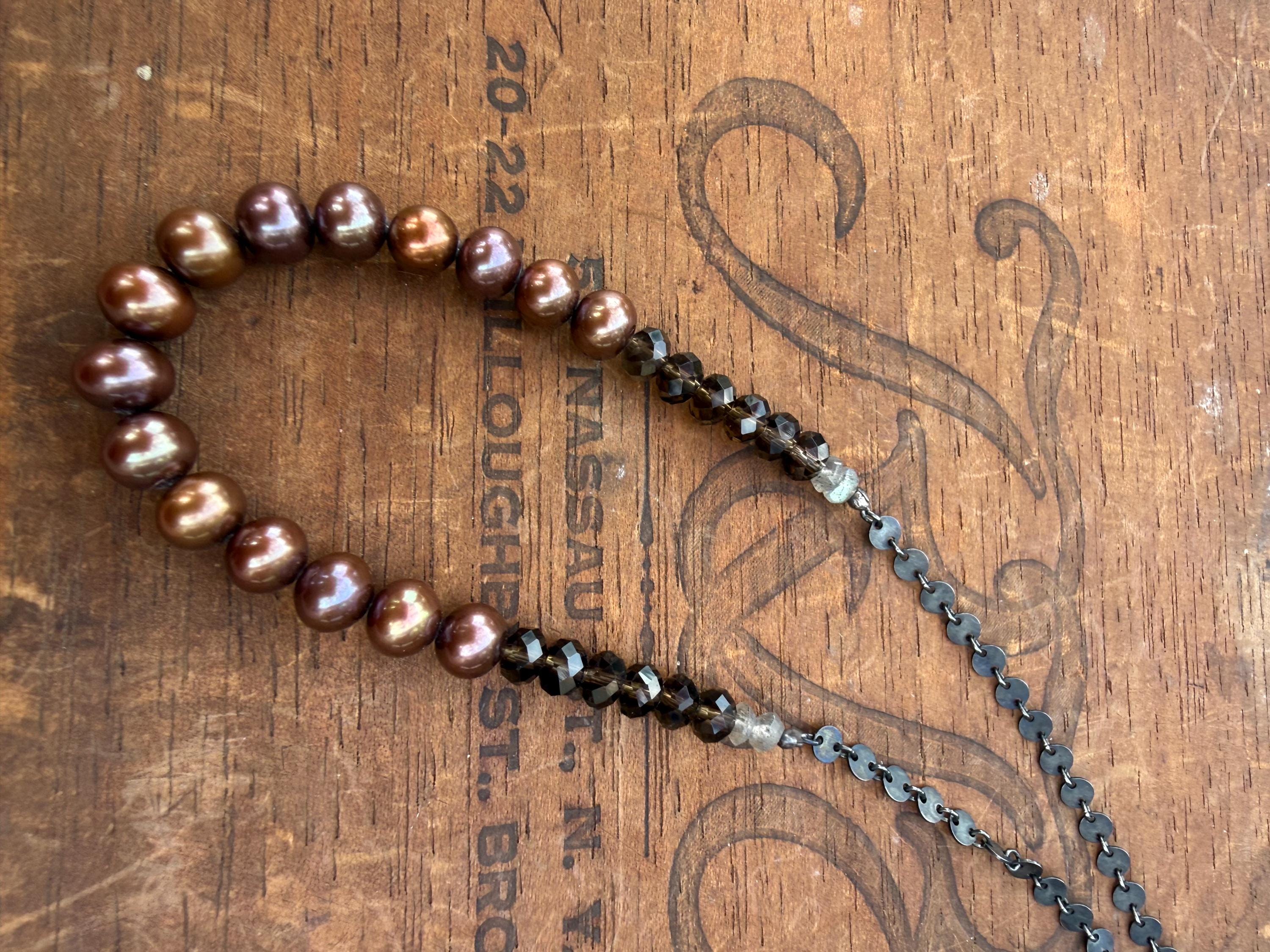 Moody Metallic Freshwater Pearl Necklace with Smoky Topaz & Labradorite, with Blackened S. Silver Chain, 20”