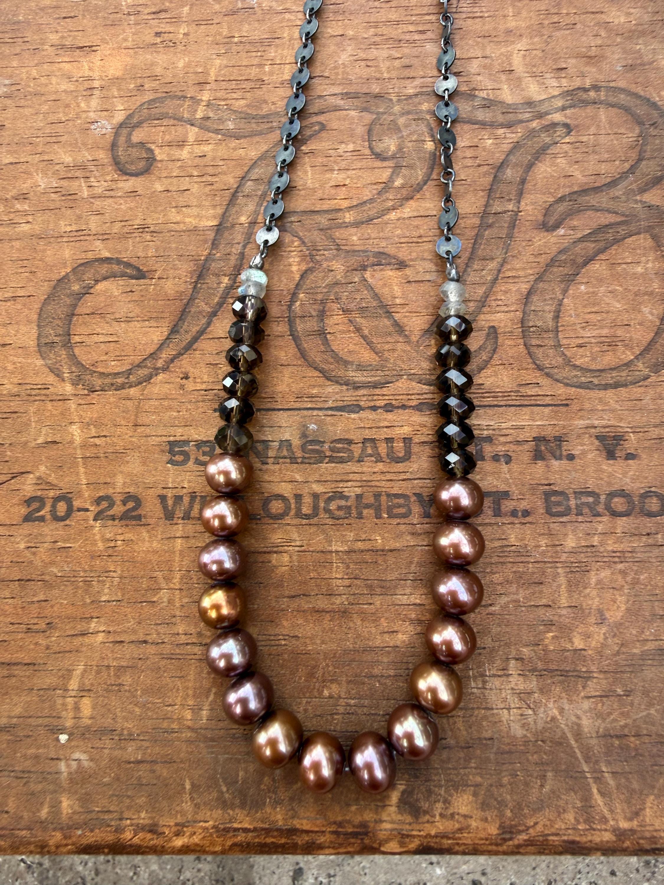 Moody Metallic Freshwater Pearl Necklace with Smoky Topaz & Labradorite, with Blackened S. Silver Chain, 20”