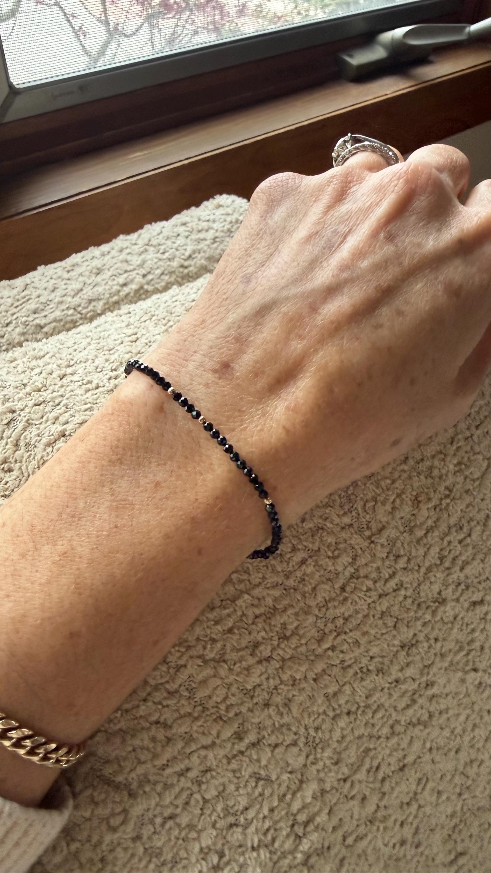 Black Tourmaline & 14k Gold Beaded Bracelet, size 6 3/4”