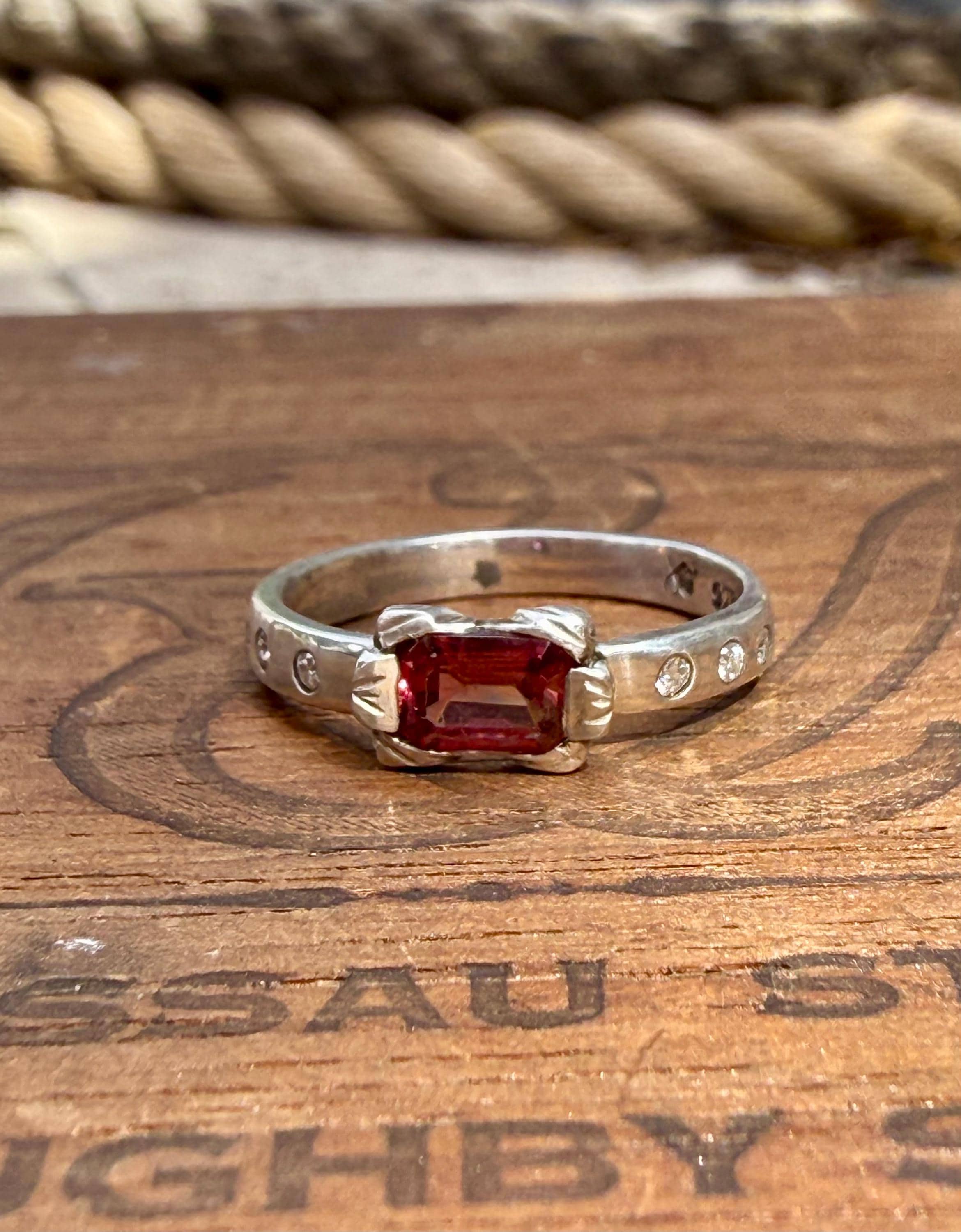Antique Inspired Tourmaline Ring with Diamonds in Sterling Silver, size 8