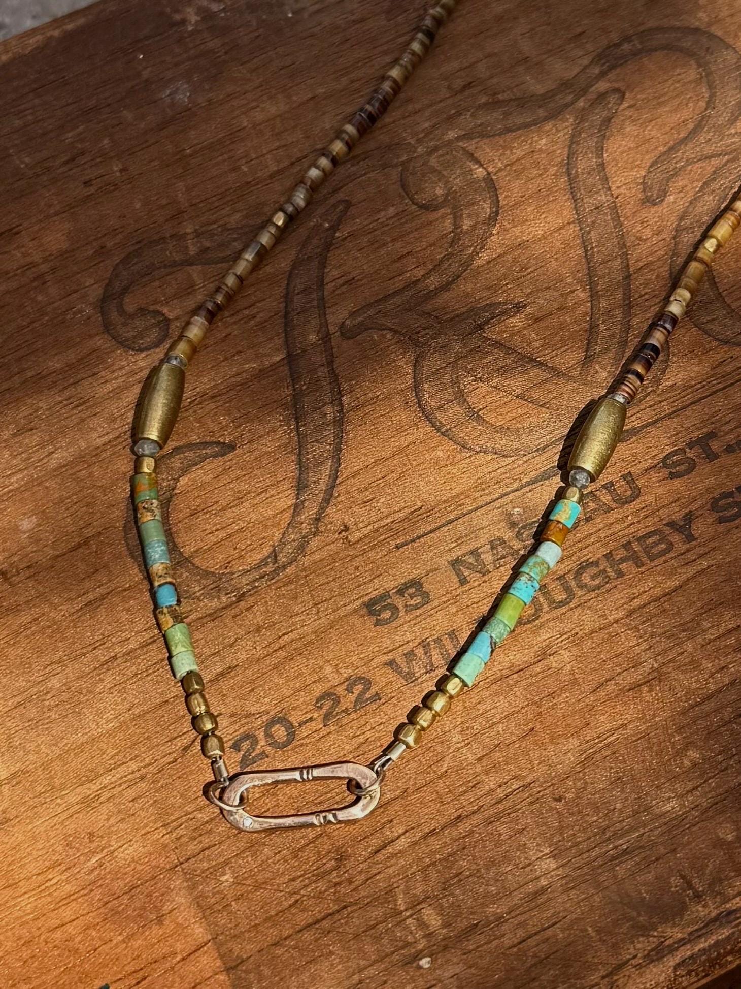 Gypsy Necklace with Turquoise, Shell & Brass Beads with Hand Formed 14kgf Link and Tiny Diamond, 22” 14kgf chain