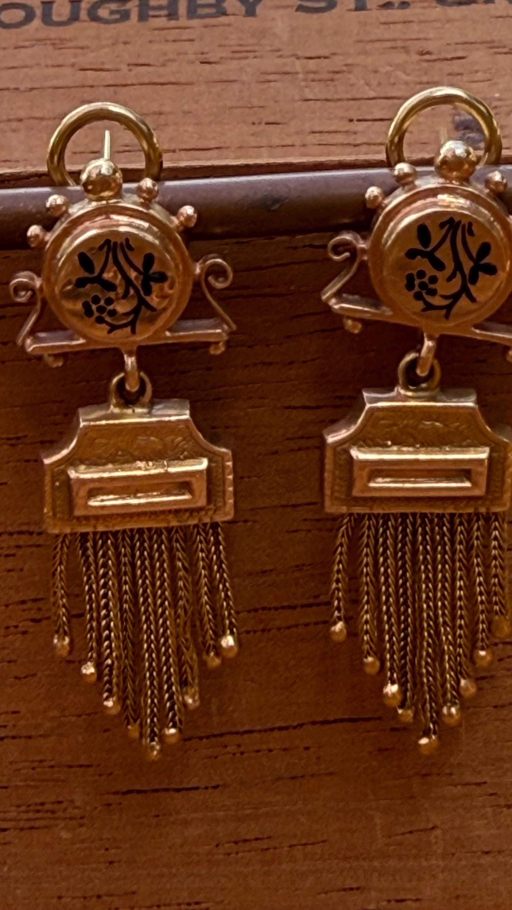 Antique Earrings Victorian Tassle with Black Enamel and 14K Yellow Gold